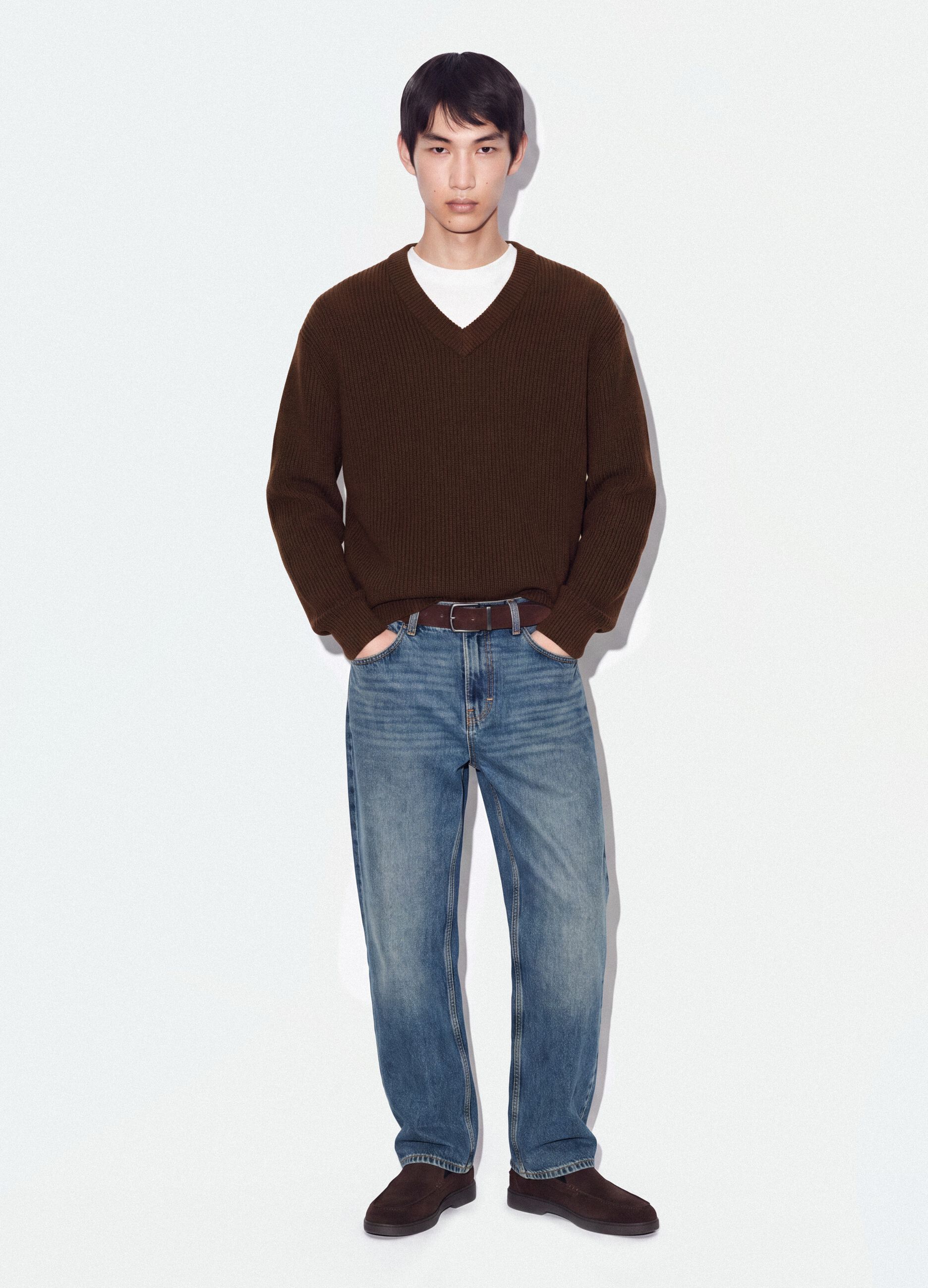 Brown pure cotton jumper with deep V-neck, regular fit