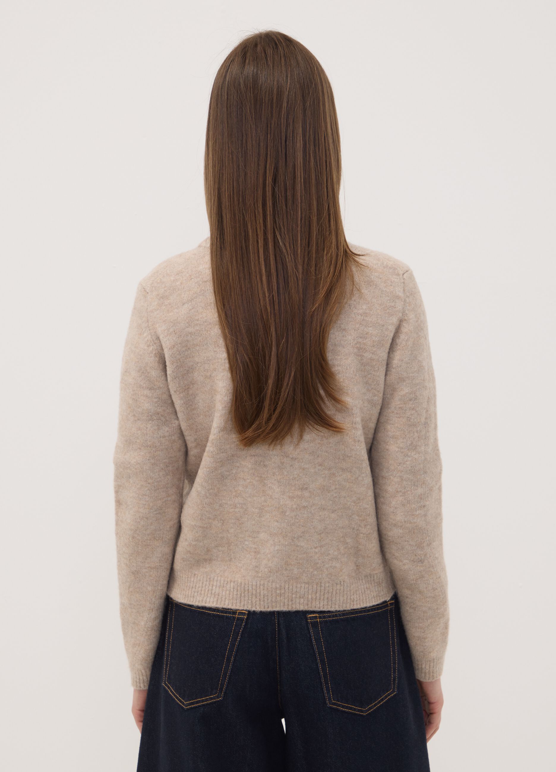 Beige stretch wool crew-neck cardigan, regular fit