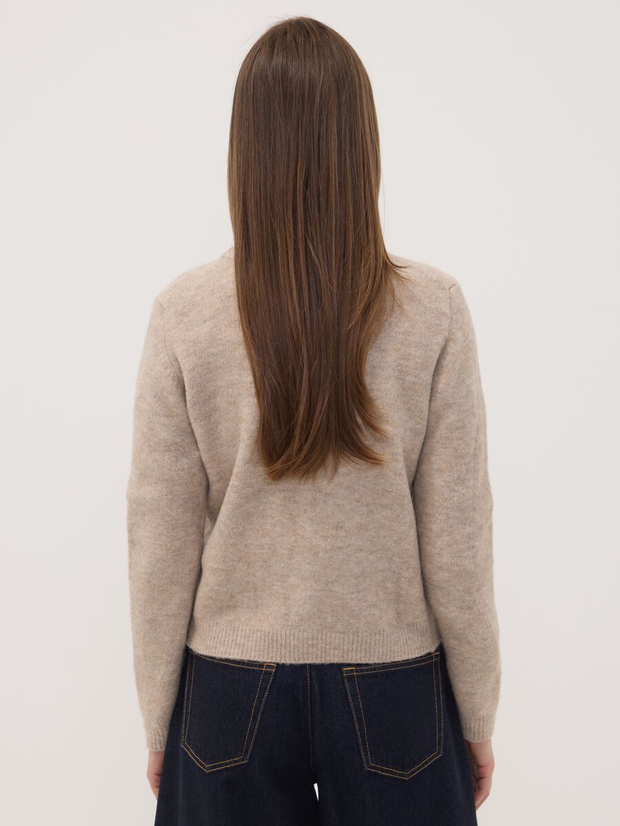 Beige stretch wool crew-neck cardigan, regular fit_3