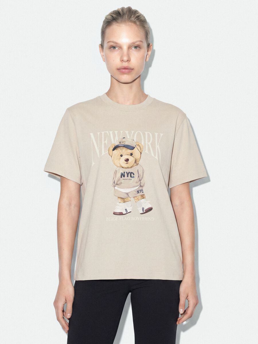 Beige relaxed-fit pure cotton T-shirt with teddy print_0