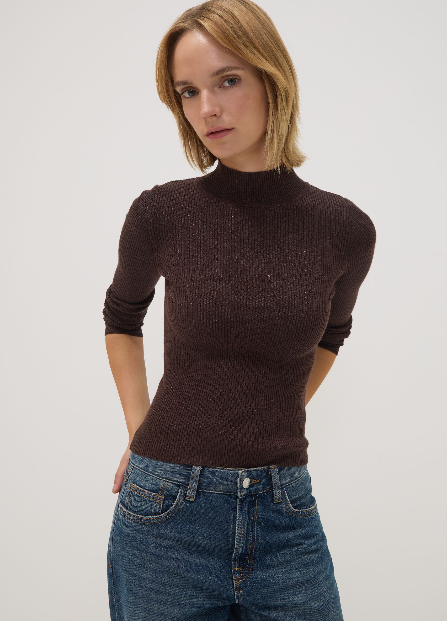 Brown ribbed viscose-blend top with high neck
