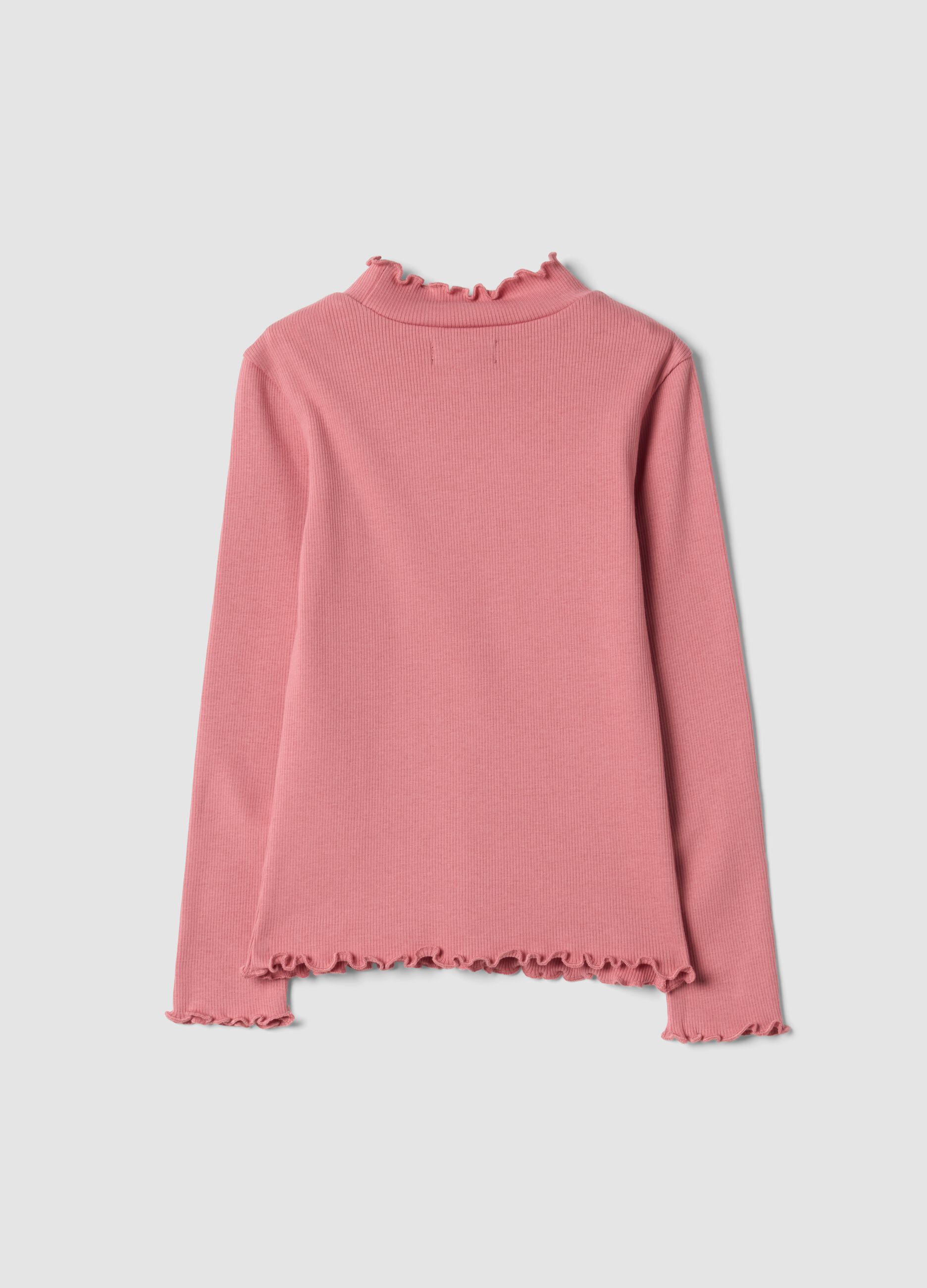 Pink stretch organic cotton T-shirt with raised neck