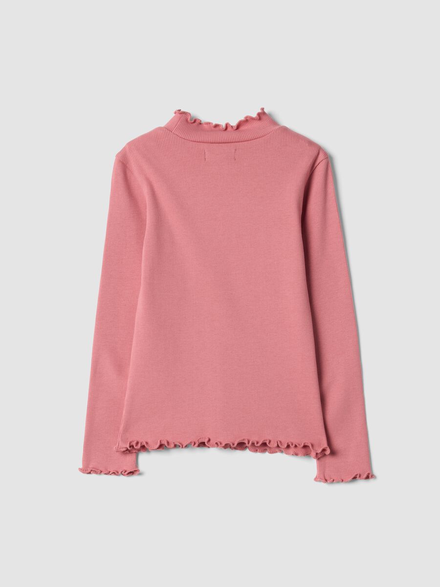 Pink stretch organic cotton T-shirt with raised neck_1