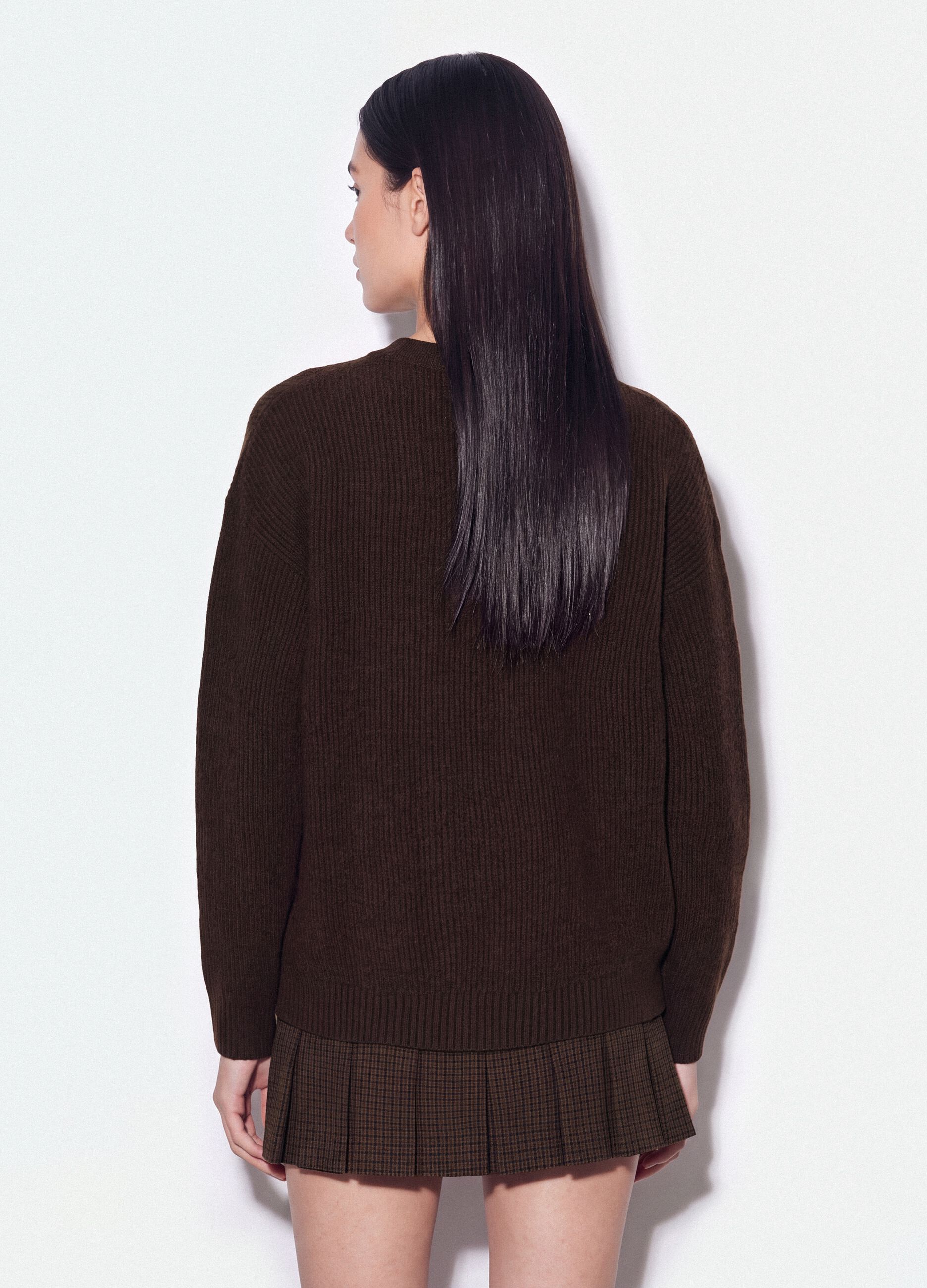 Brown stretch-fabric cardigan with deep V-neckline