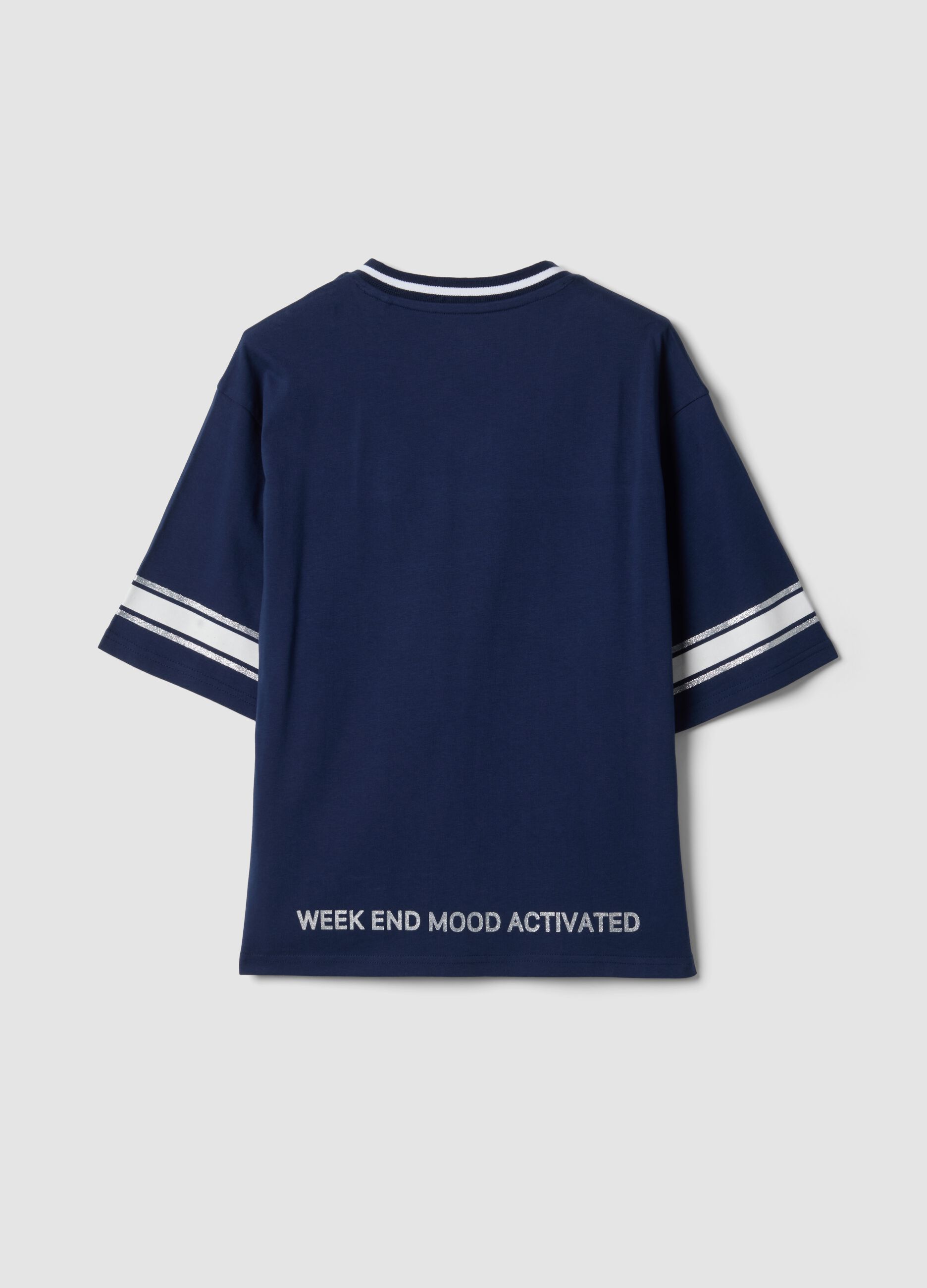 T-shirt blu in puro cotone con scollo profondo a V