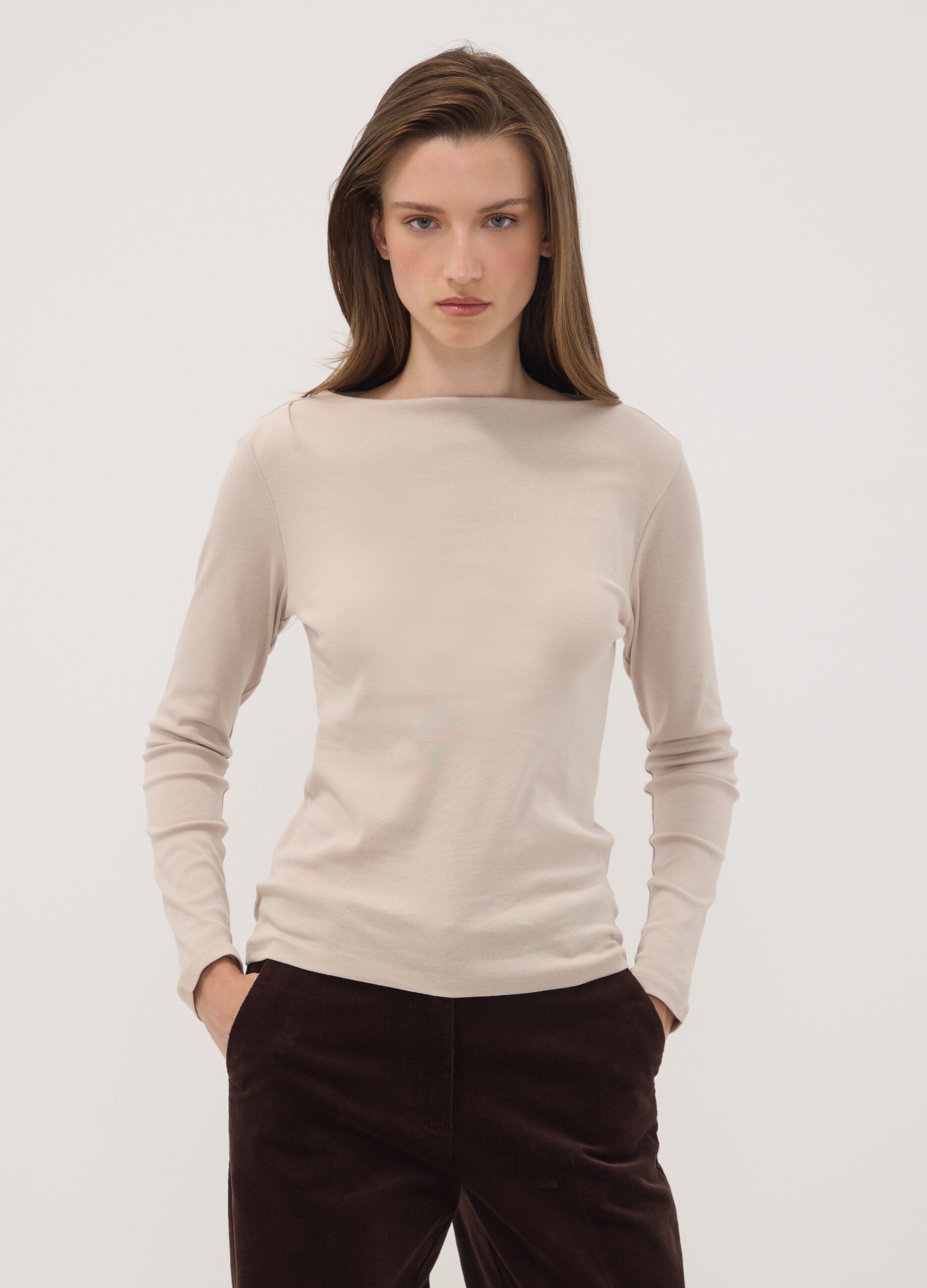 Beige pure cotton crew-neck T-shirt