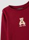 Red ribbed stretch cotton T-shirt with teddy bear embroidery_2