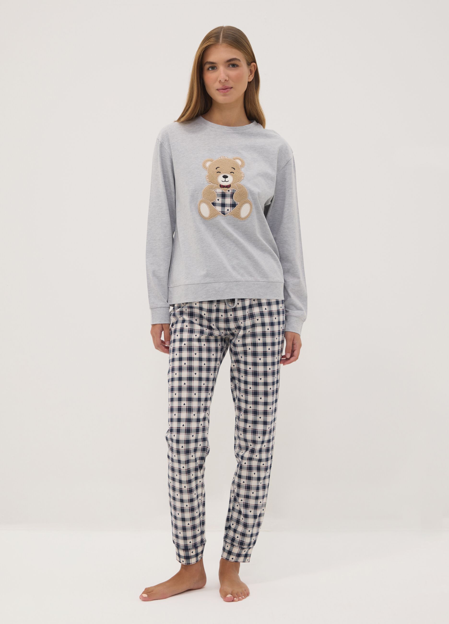 Grey marl pyjamas in organic cotton and viscose blend with crew neck