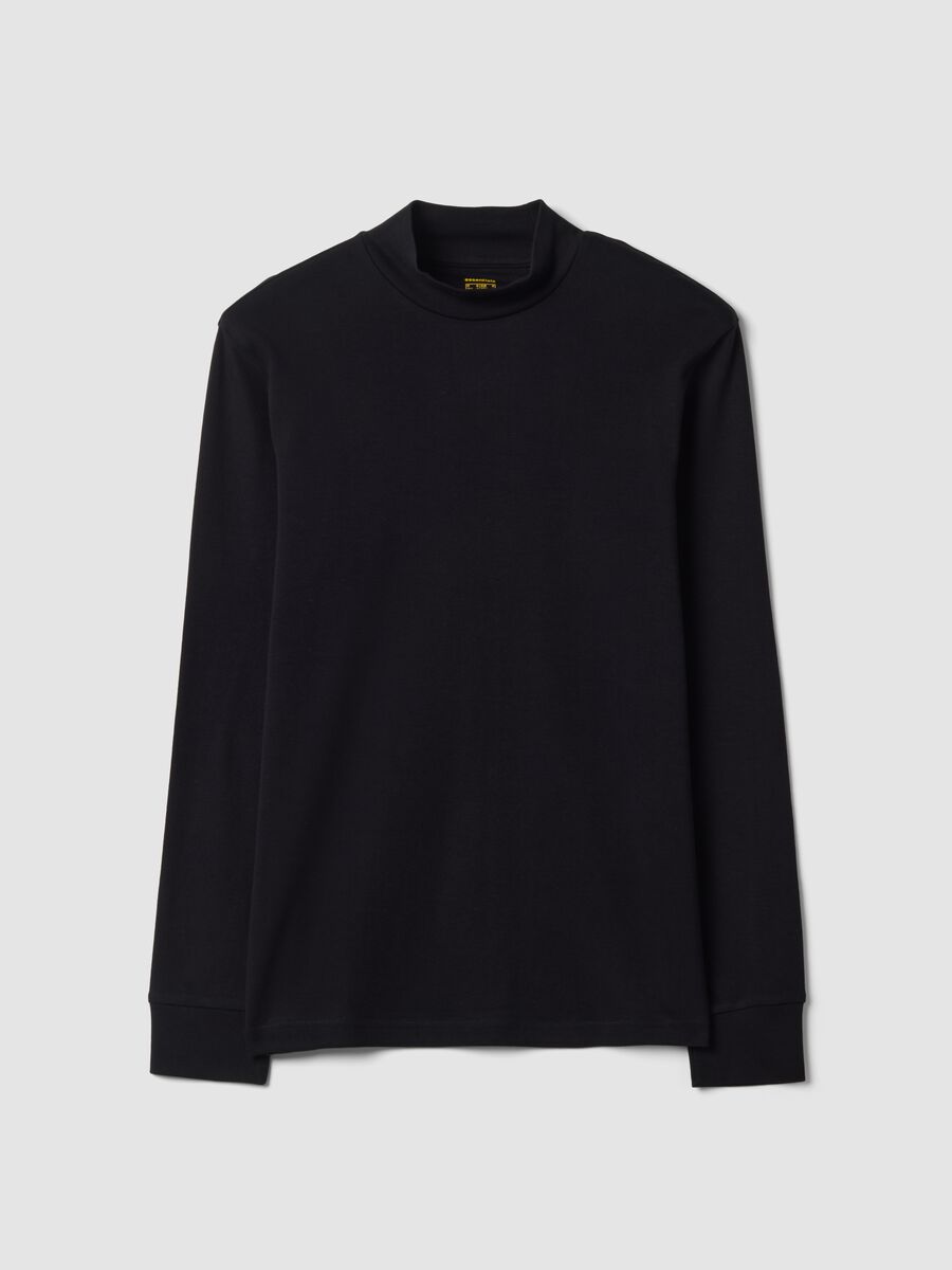 Black pure cotton T-shirt with structured high neck_0