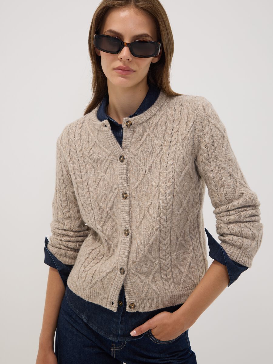 Beige cable-knit wool-blend cardigan_1