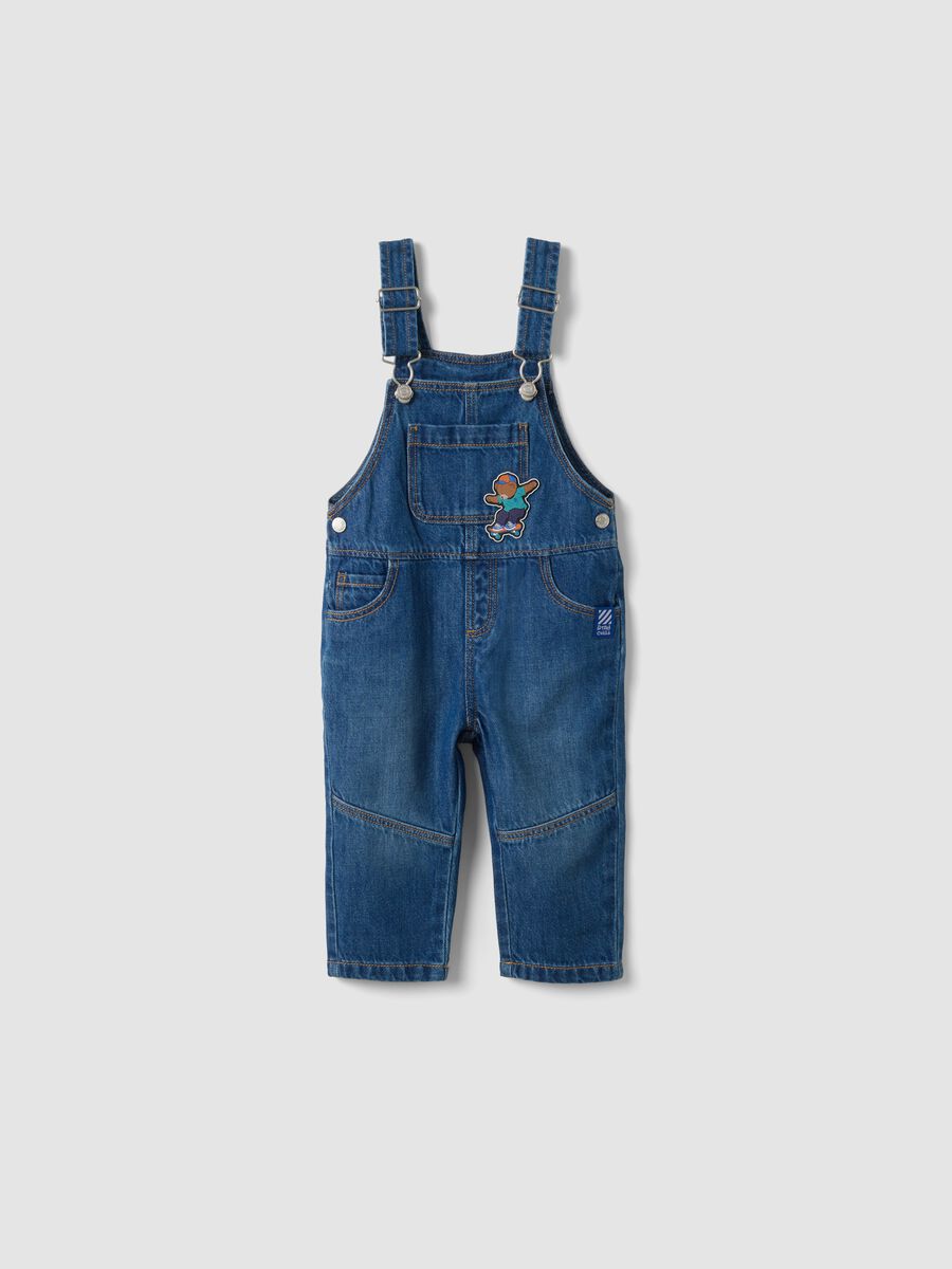 Blue pure cotton denim dungarees with teddy bear motif for baby boy_0