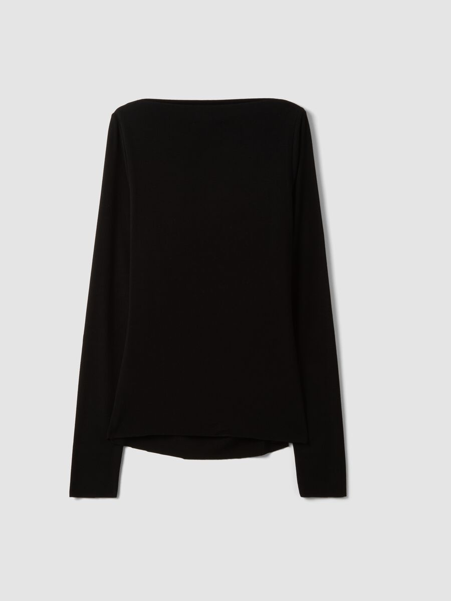 Black stretch viscose, silk and wool T-shirt with draping_6