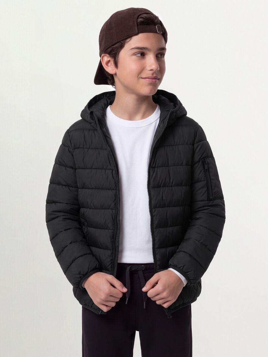 Black Ultralight padded hooded jacket with zip for boys_0