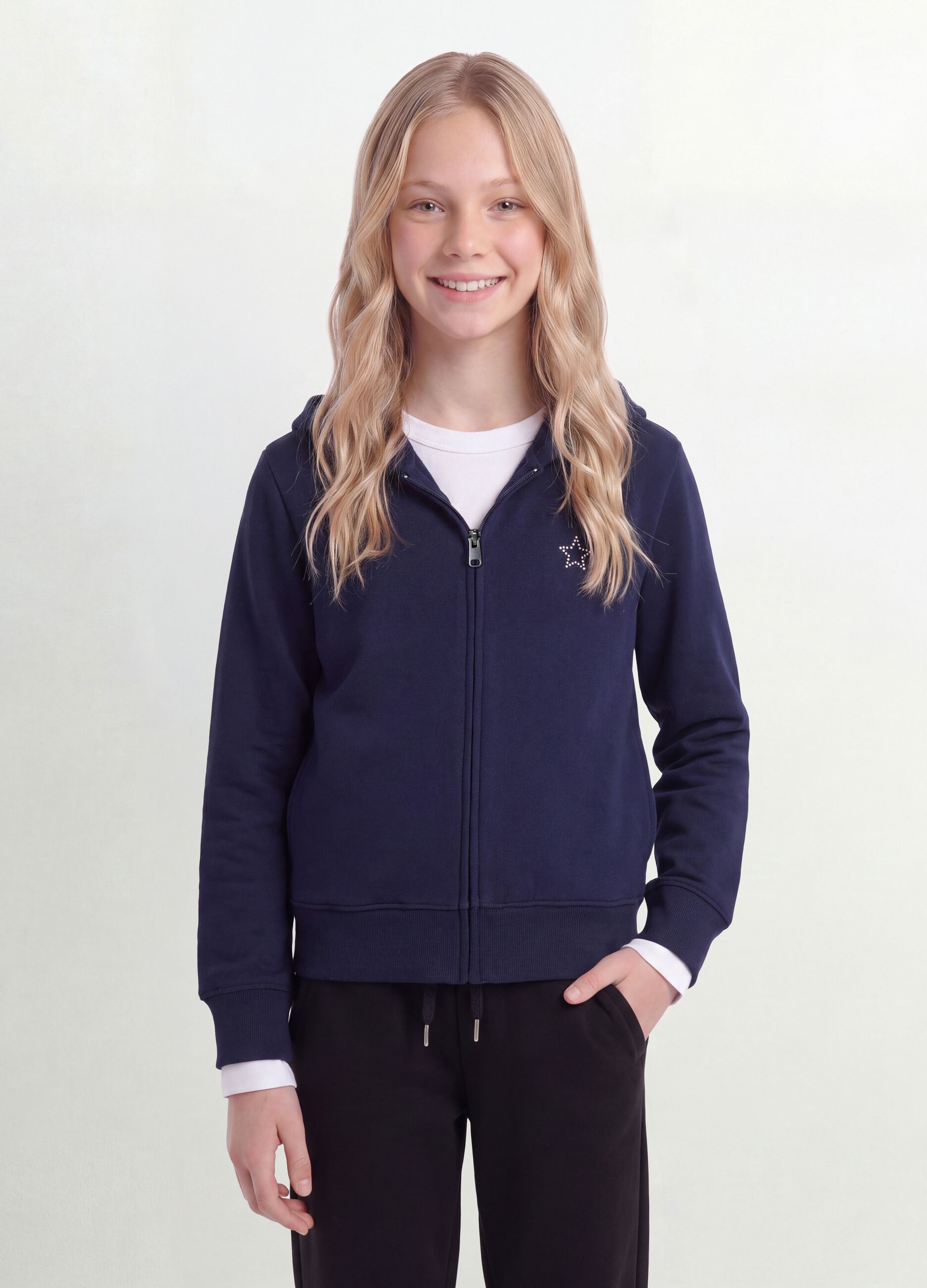 Blue pure organic cotton hooded sweatshirt with star for girls