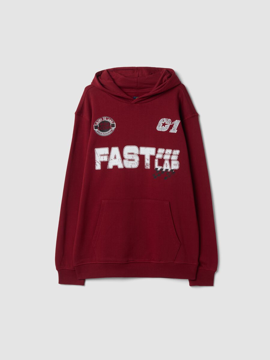 Red organic cotton hoodie with racing prints, relaxed fit_0