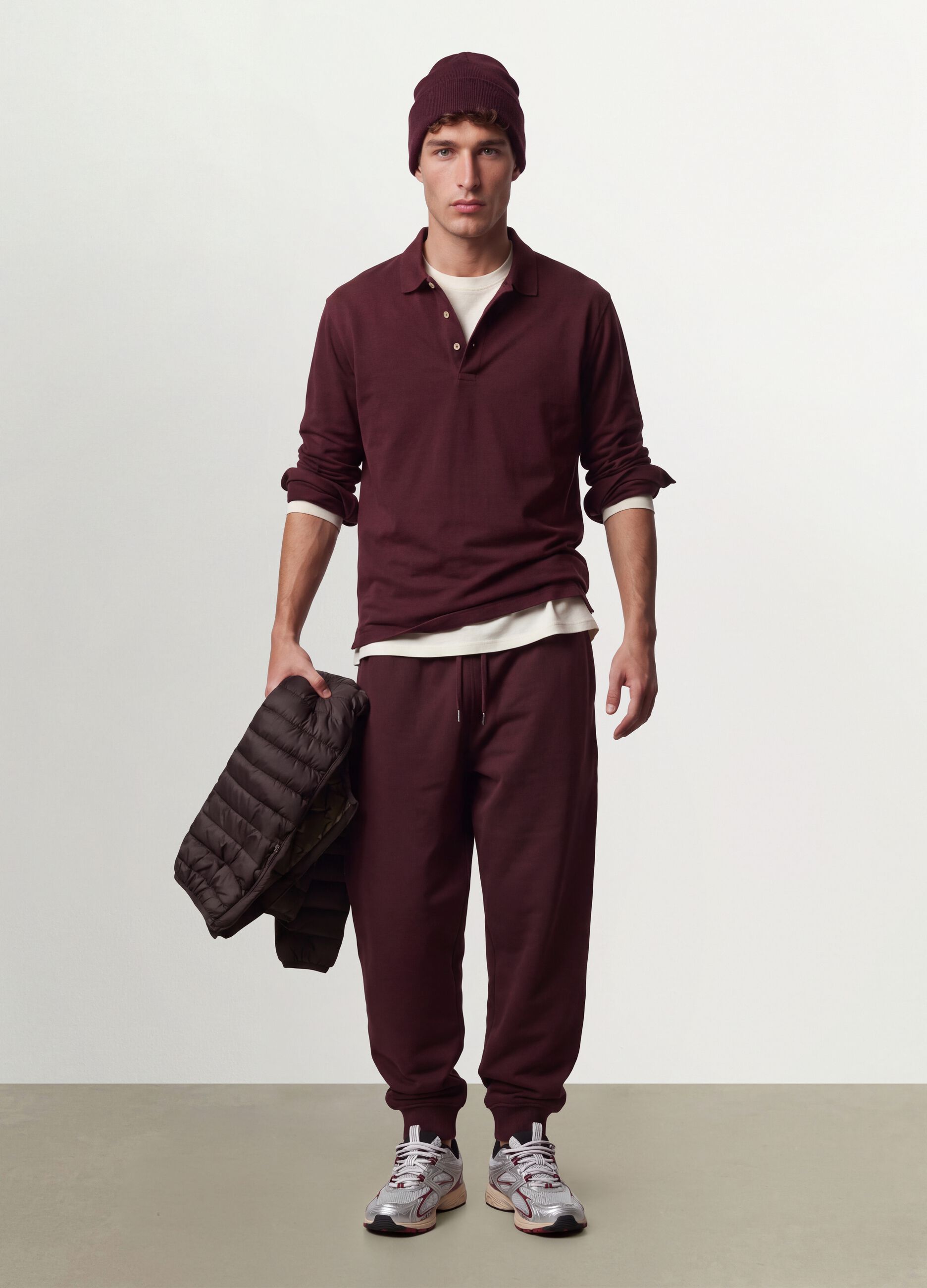 Jogger marroni in misto cotone con fondo a polsino e coulisse