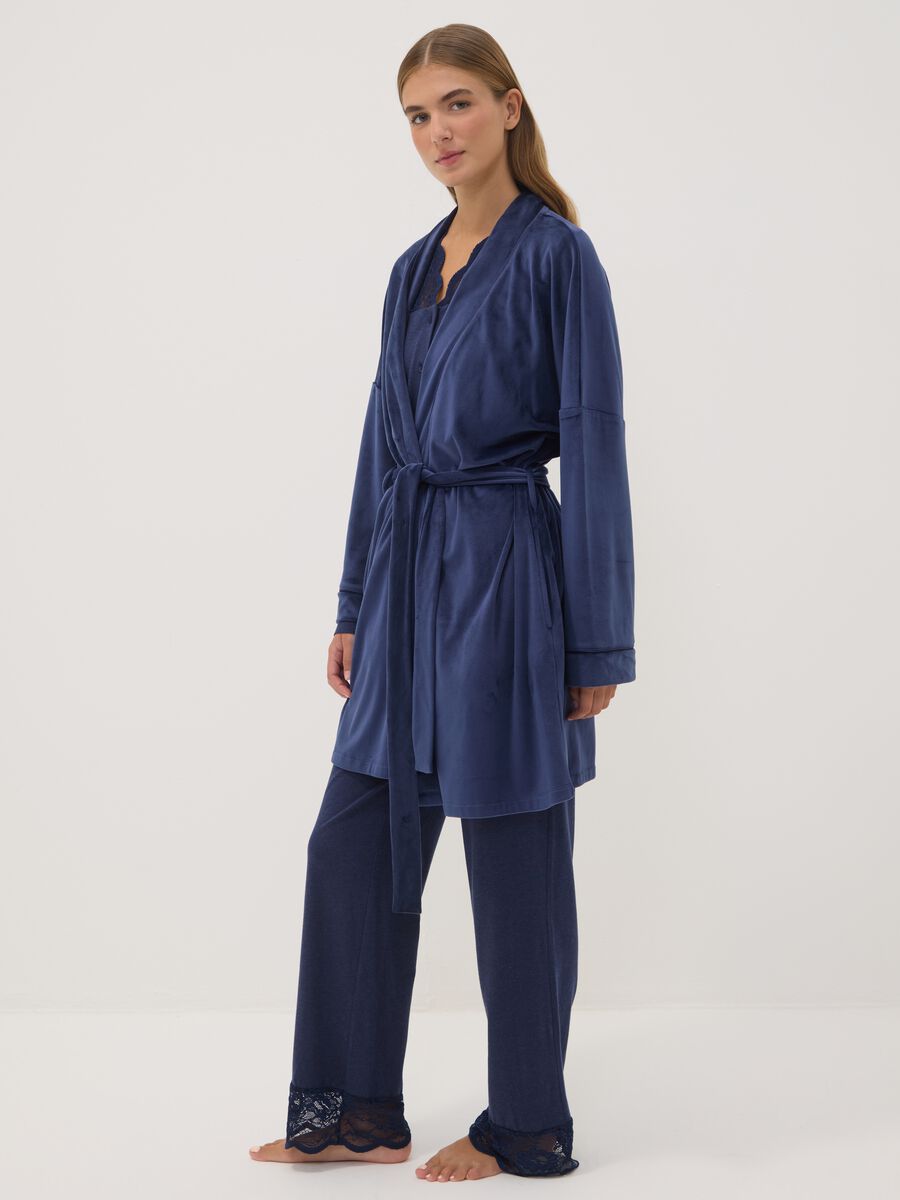 Blue stretch-fabric dressing gown with belt_1