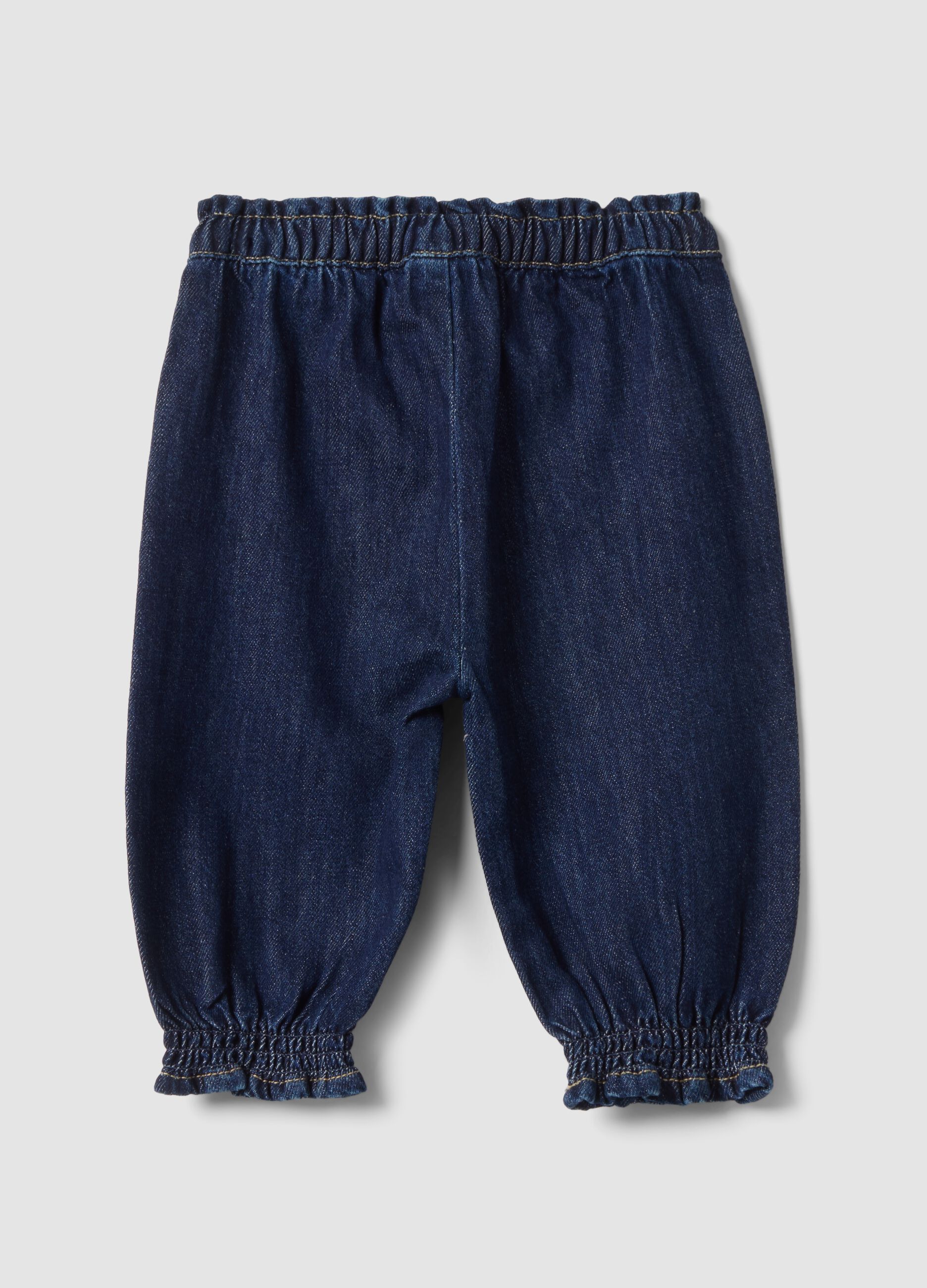 Blue denim joggers in cotton-viscose blend with floral embroidery, comfort fit