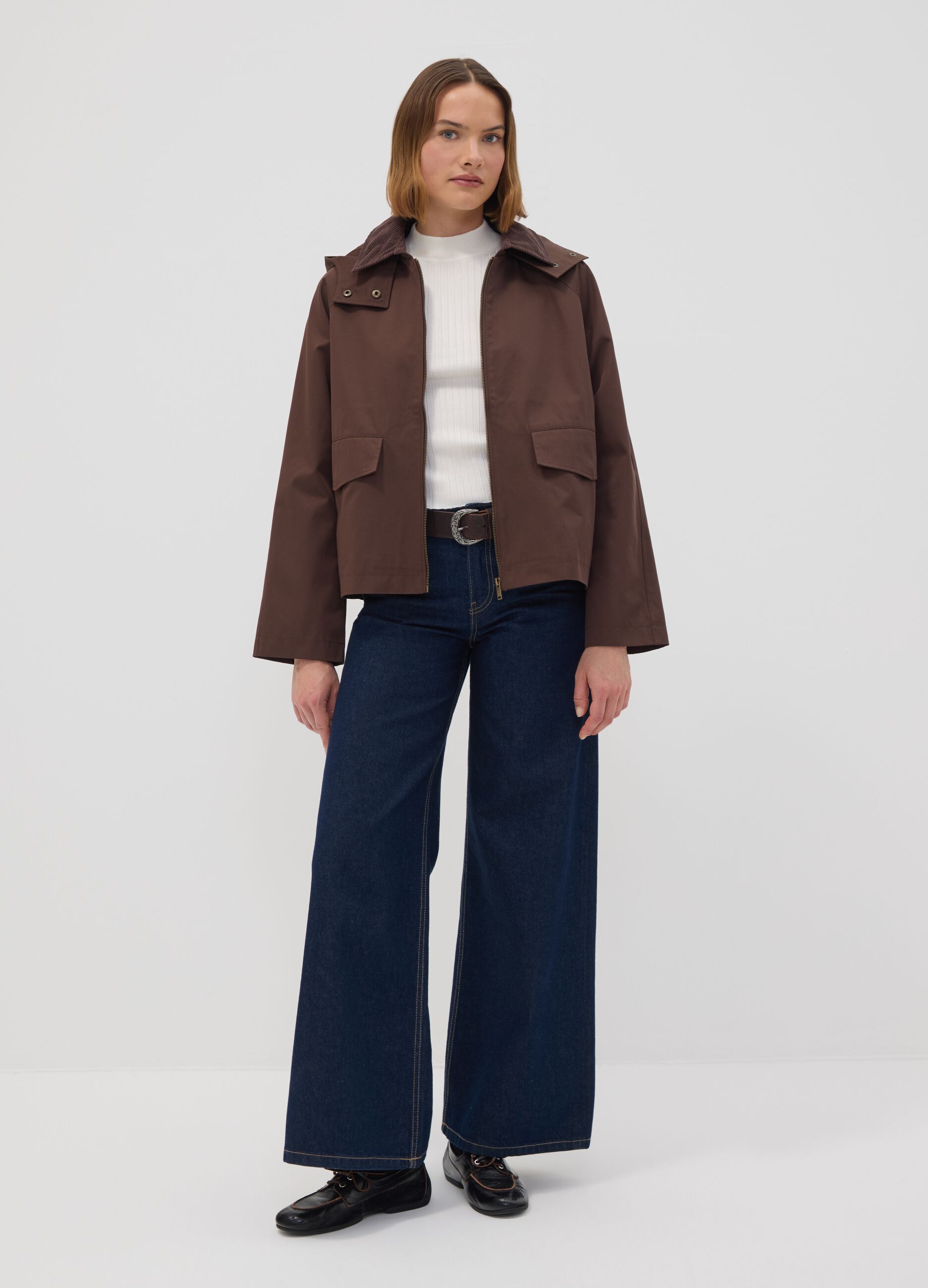 Brown cotton-blend parka jacket with hood and ribbed collar