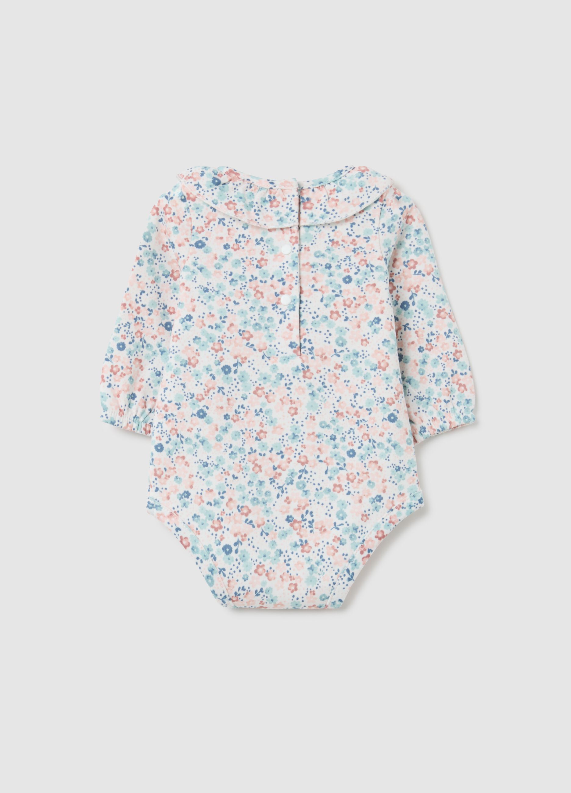 Baby girl's bodysuit in multicolour pure cotton with ruffle collar