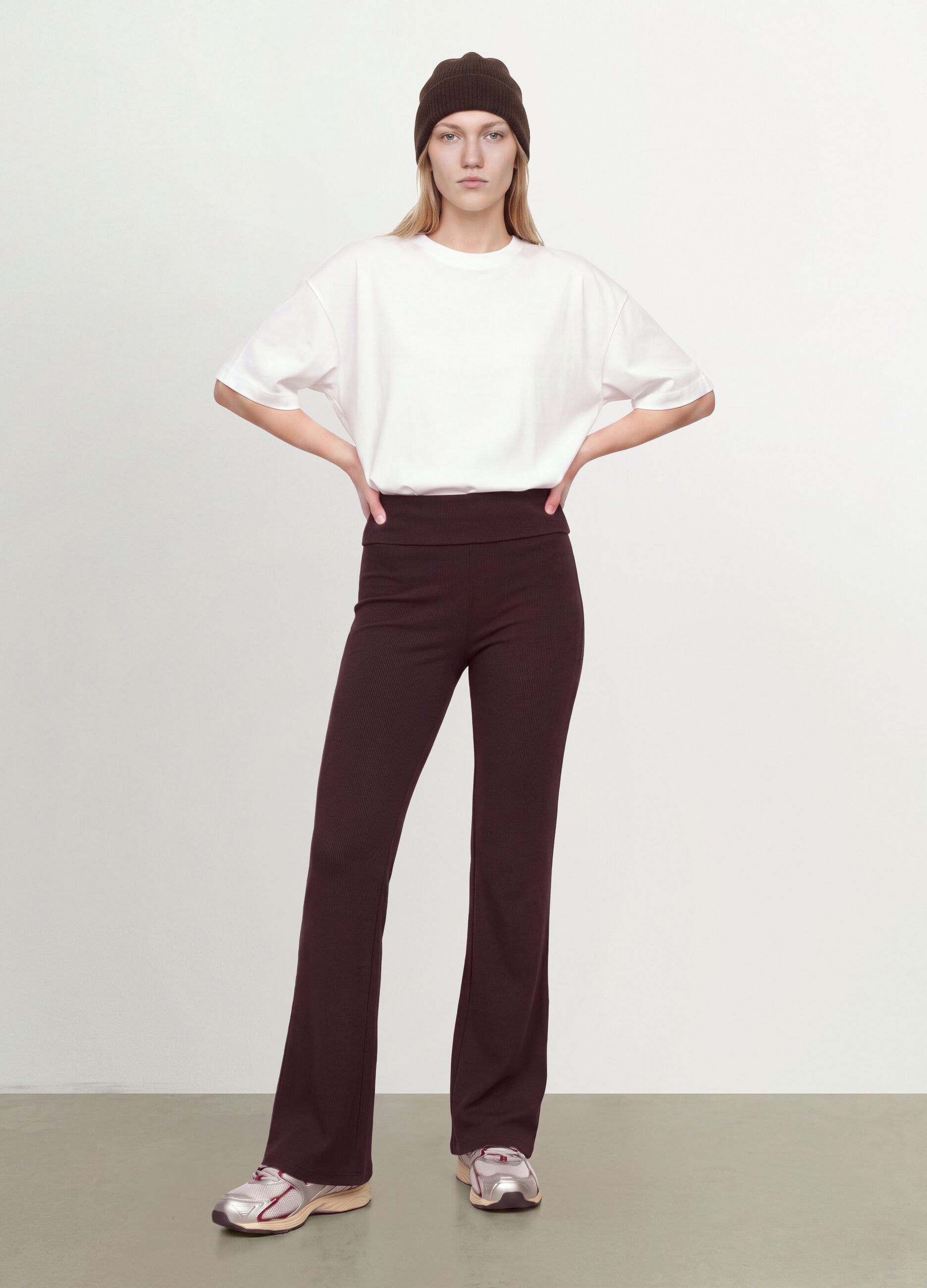 Brown ribbed pure cotton flared leggings