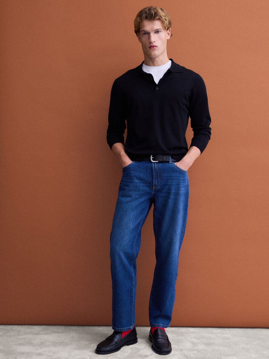Black pure merino wool polo jumper with polo collar_1