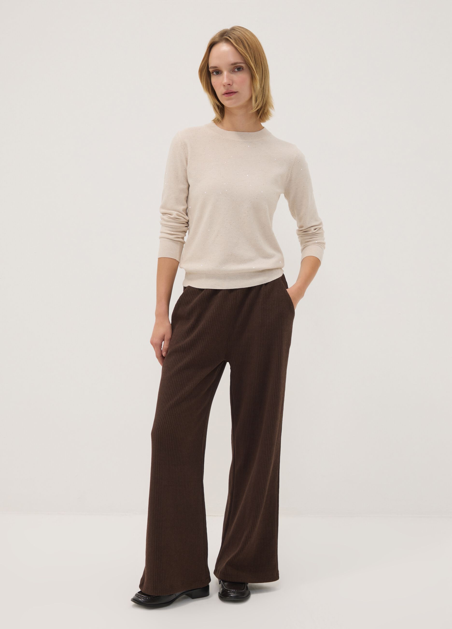 Camel viscose-blend jumper with sequins, regular fit