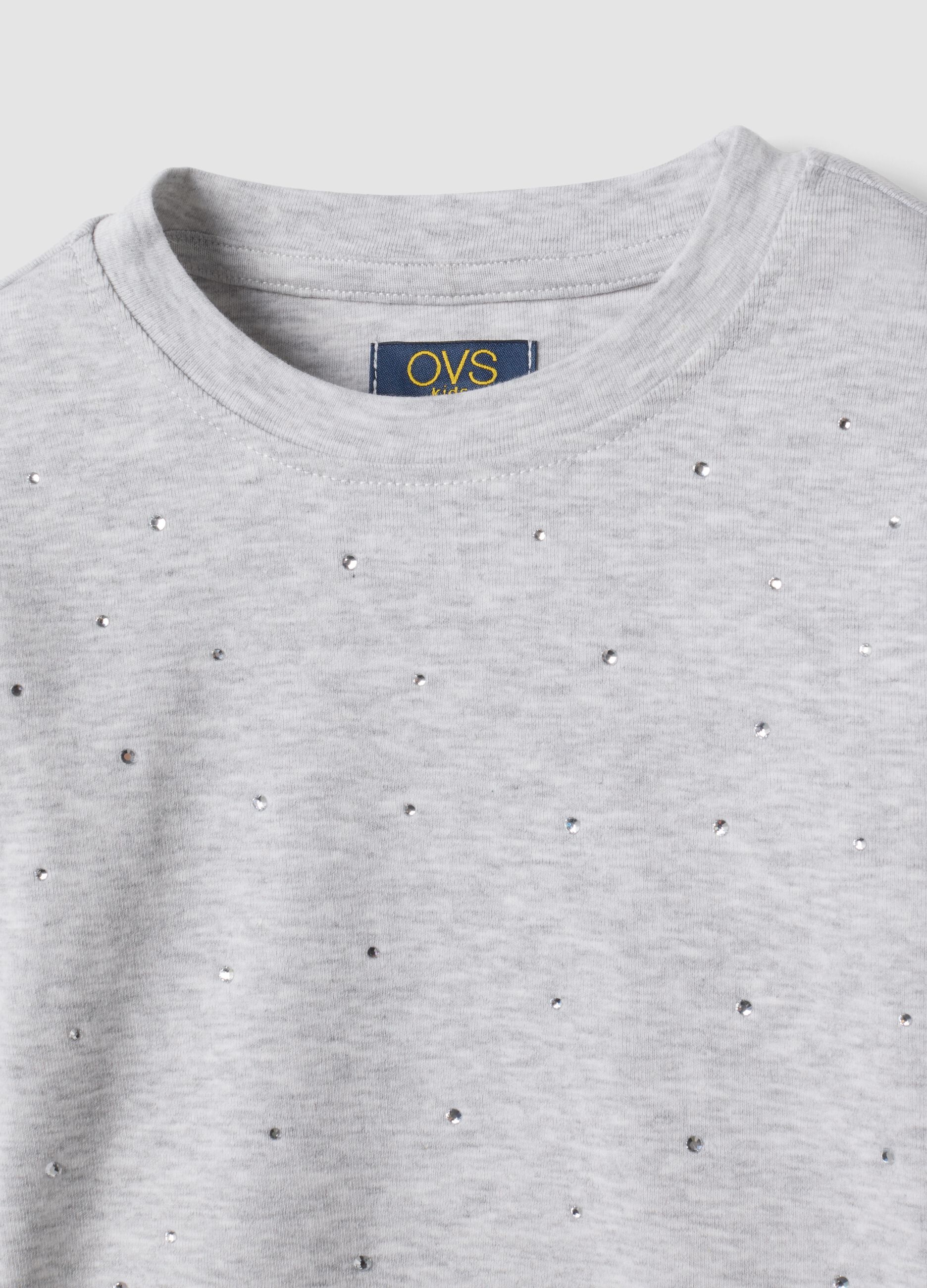 Grey organic cotton and stretch viscose T-shirt with rhinestones