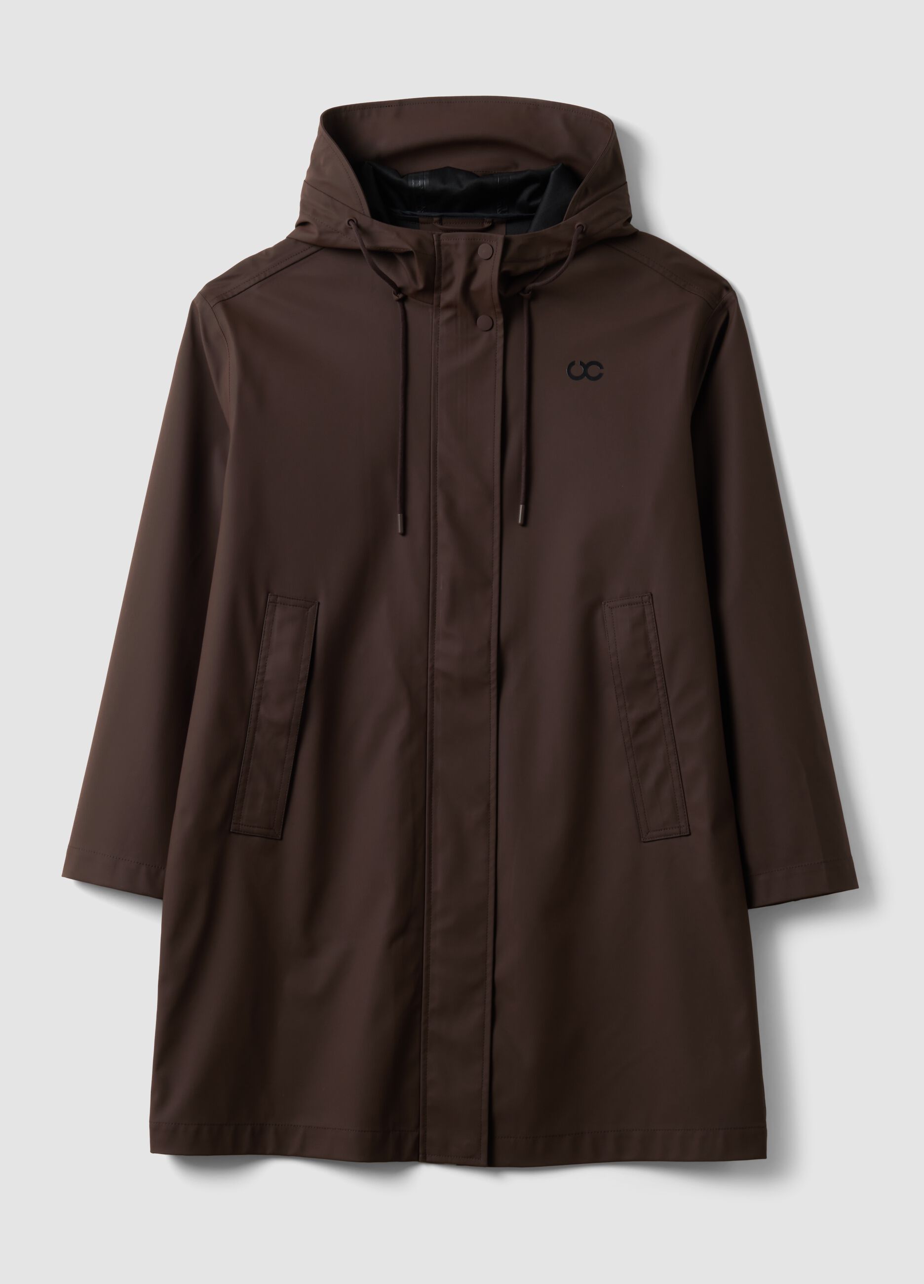 Long brown hooded jacket with zip