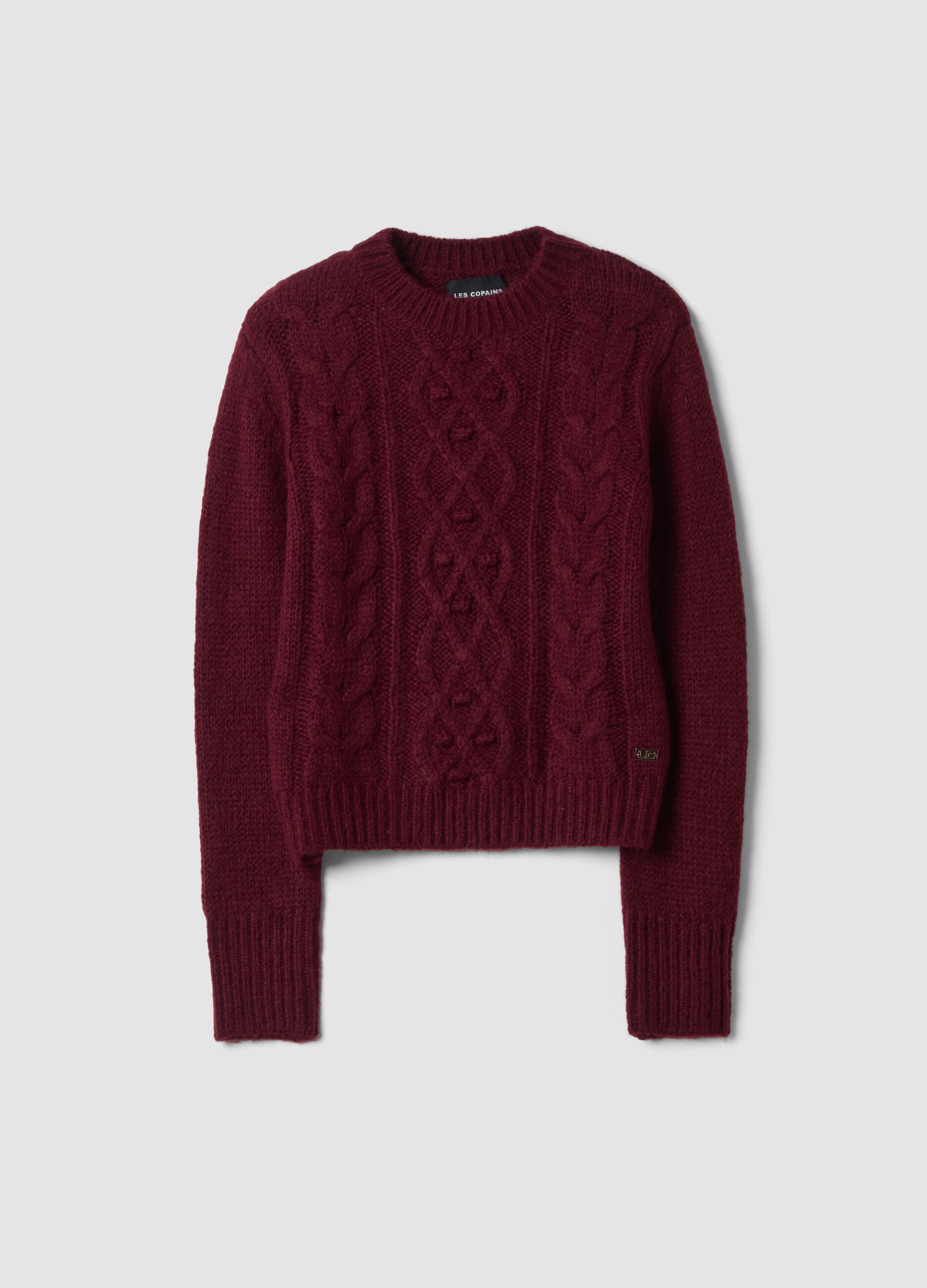Burgundy red crew-neck cable-knit wool-blend jumper, regular fit