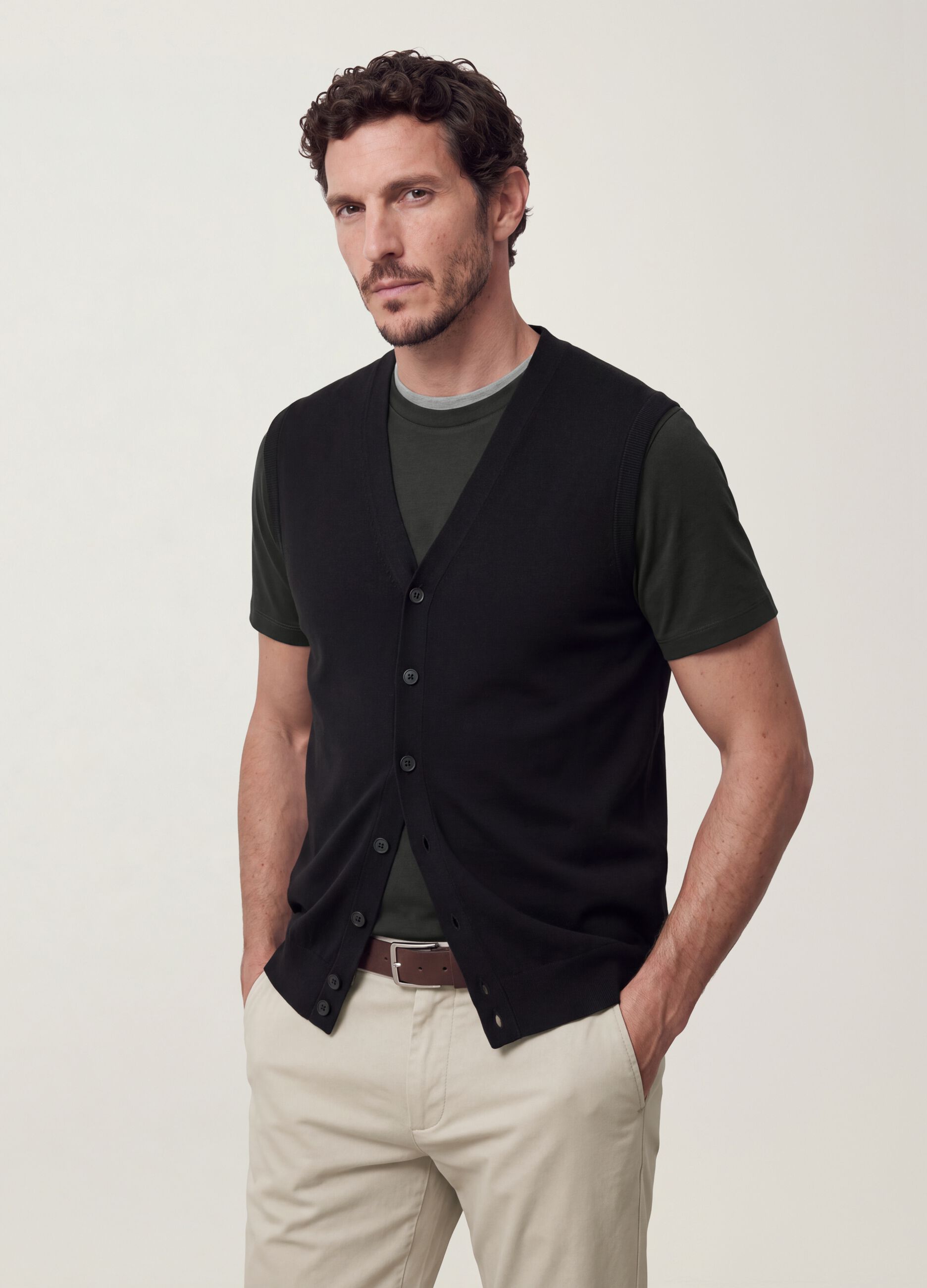 Black viscose-blend waistcoat with deep V-neck, regular fit