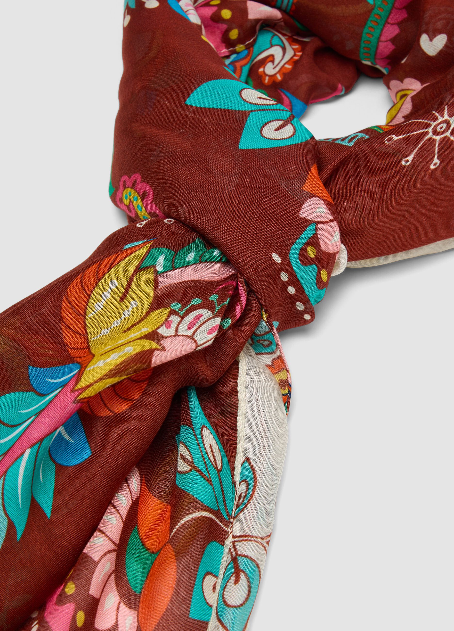 Brown pure viscose scarf with multicolour pattern
