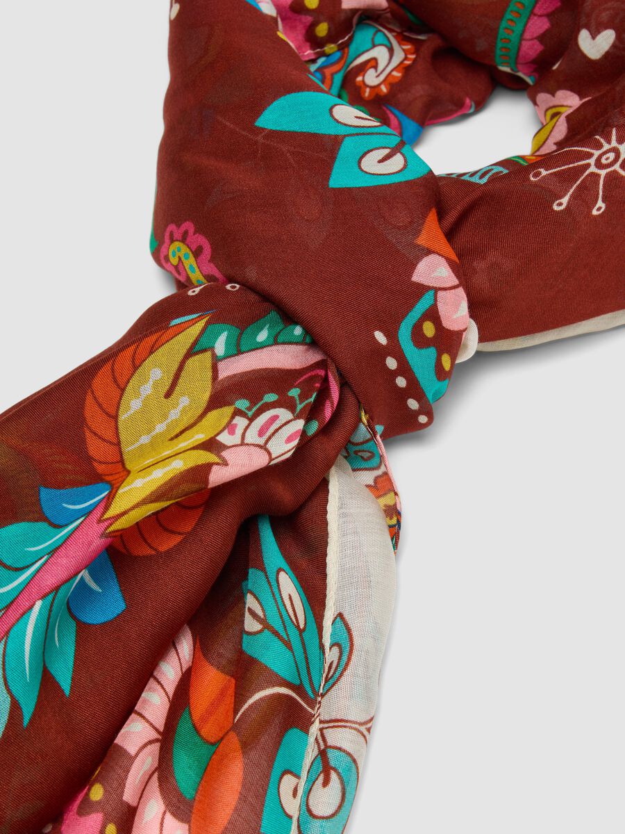 Brown pure viscose scarf with multicolour pattern_1