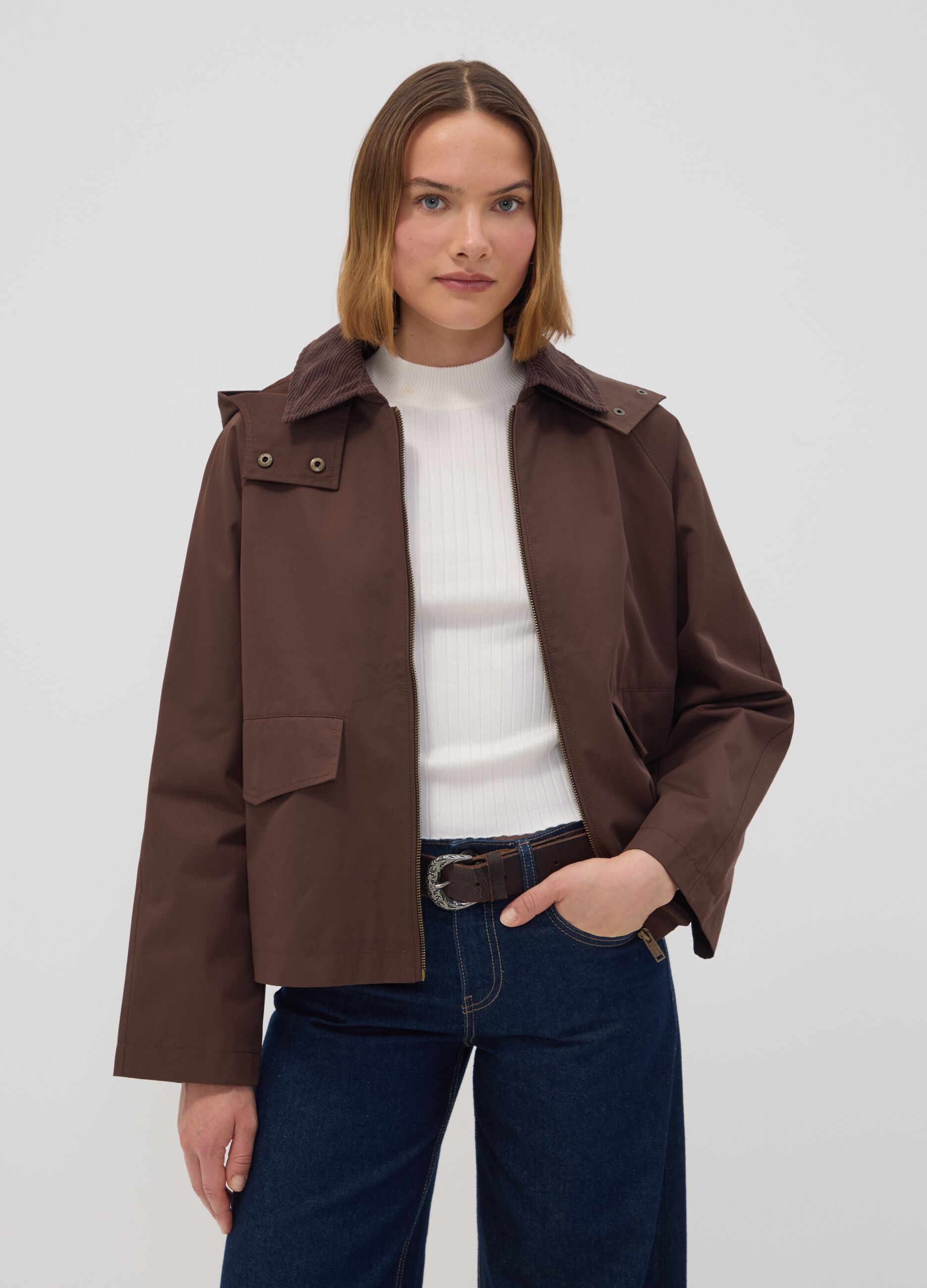 Brown cotton-blend parka jacket with hood and ribbed collar