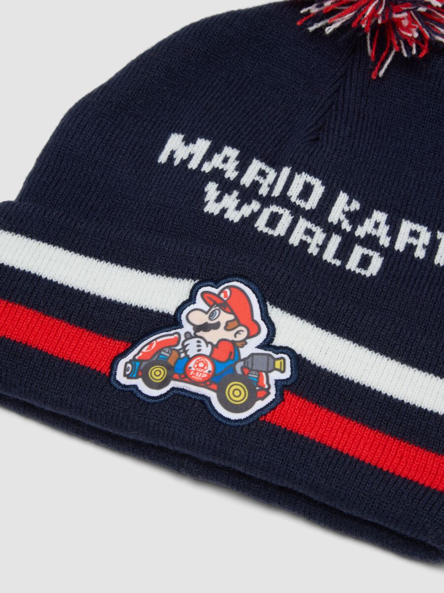 Indigo blue knitted hat with pom-pom and Mario Kart print_2