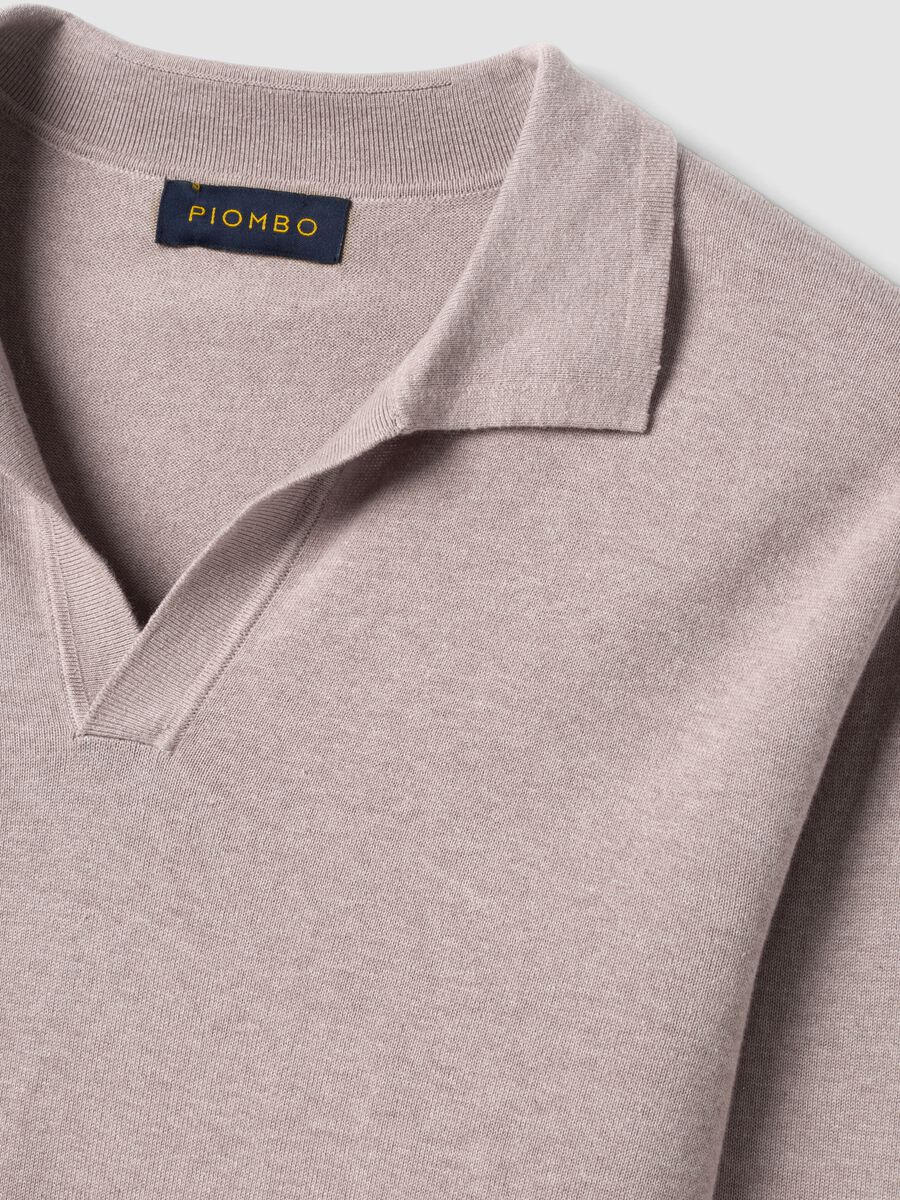 Beige long-sleeve pure cotton polo shirt_5