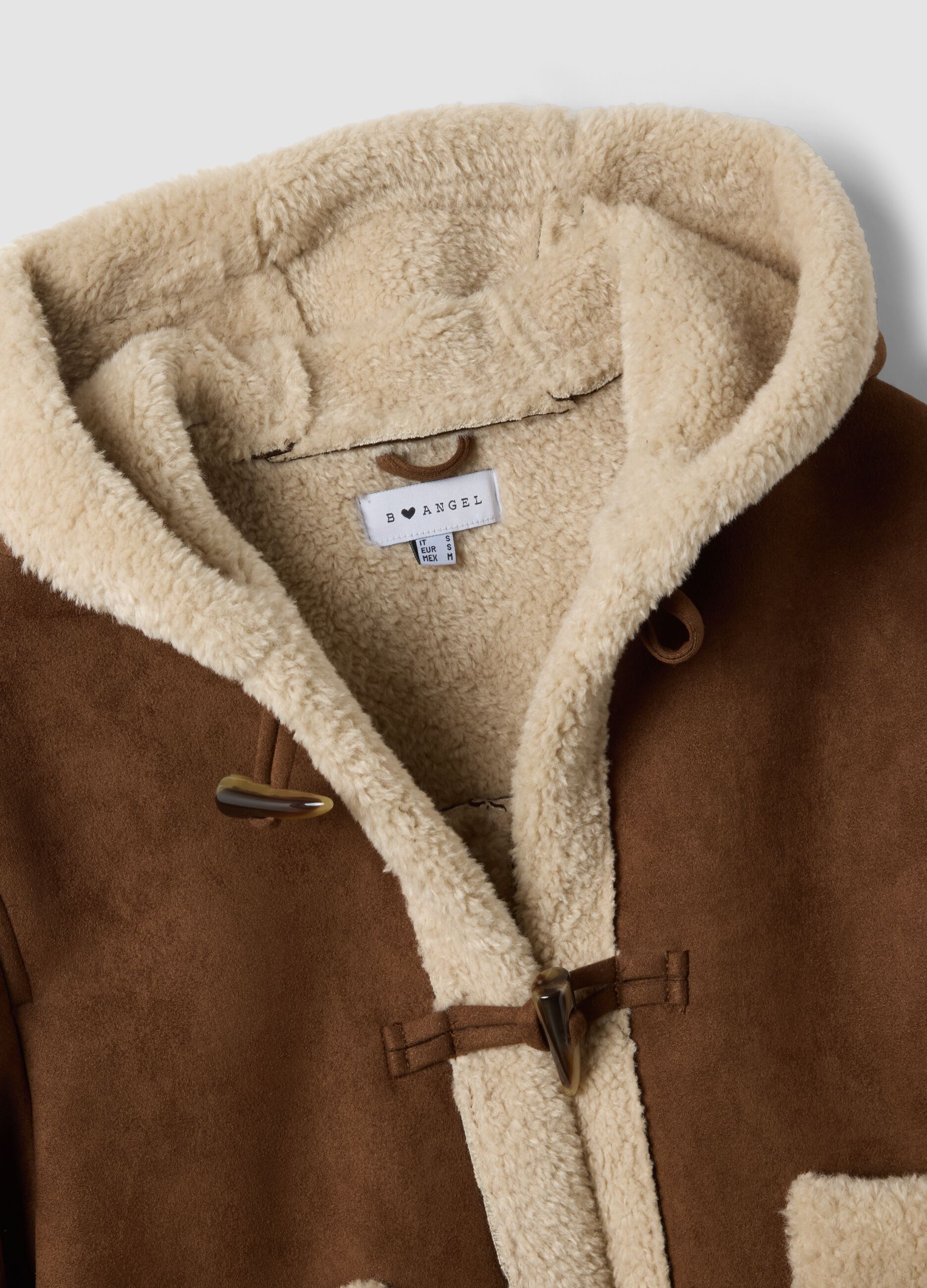 Brown stretch-fabric shacket with hood