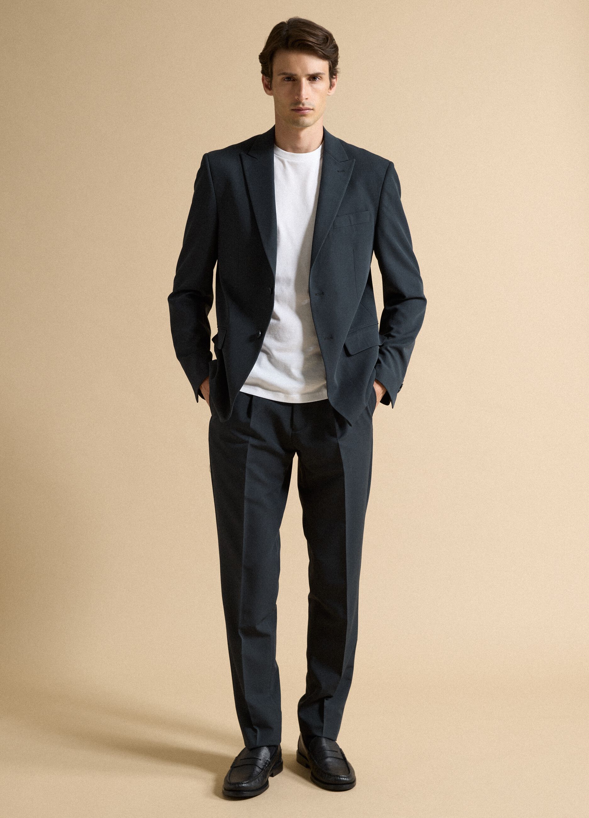 Navy slim-fit stretch viscose twill blazer with peak lapels