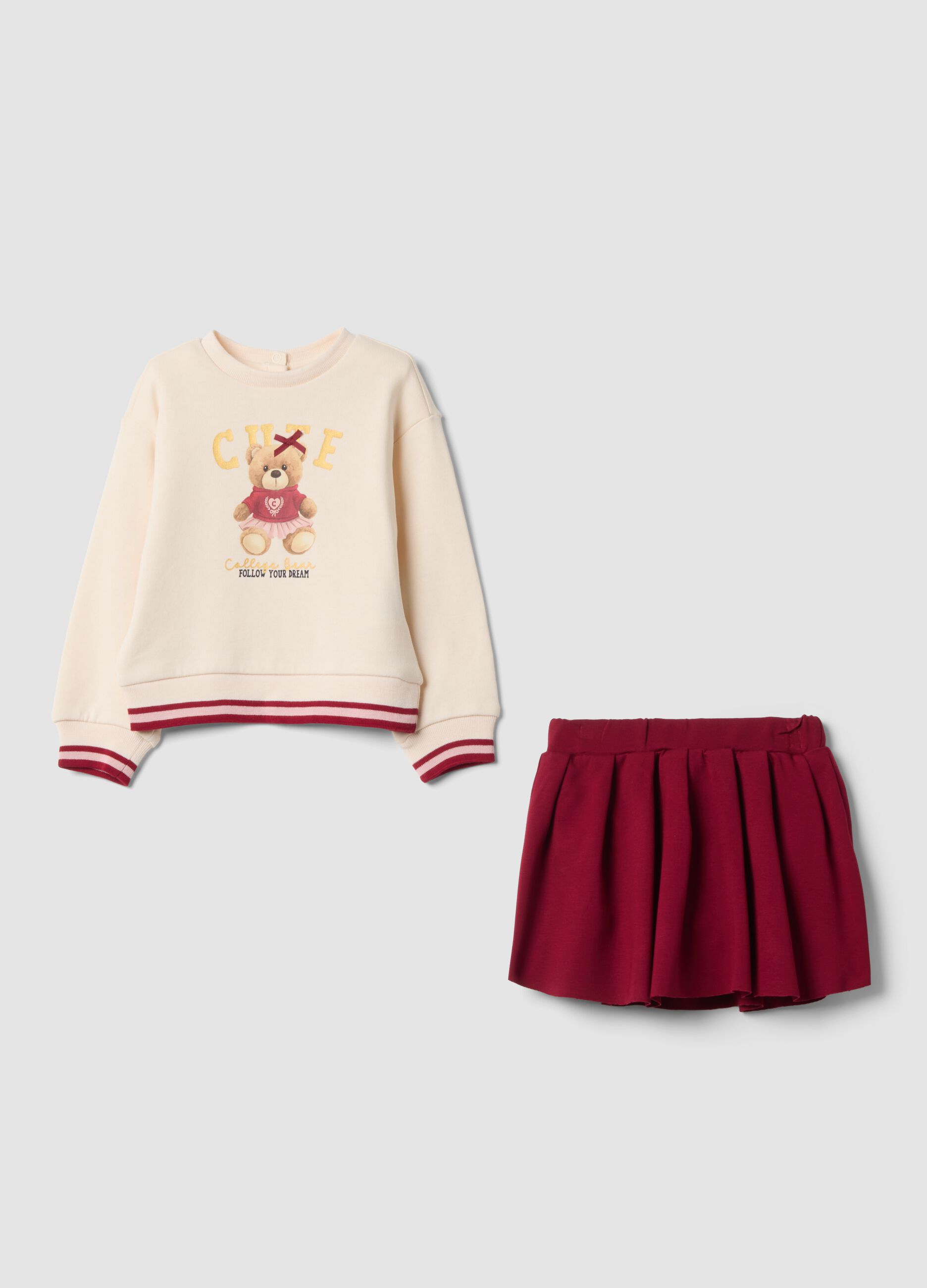 Beige pure cotton set with sweatshirt and skirt