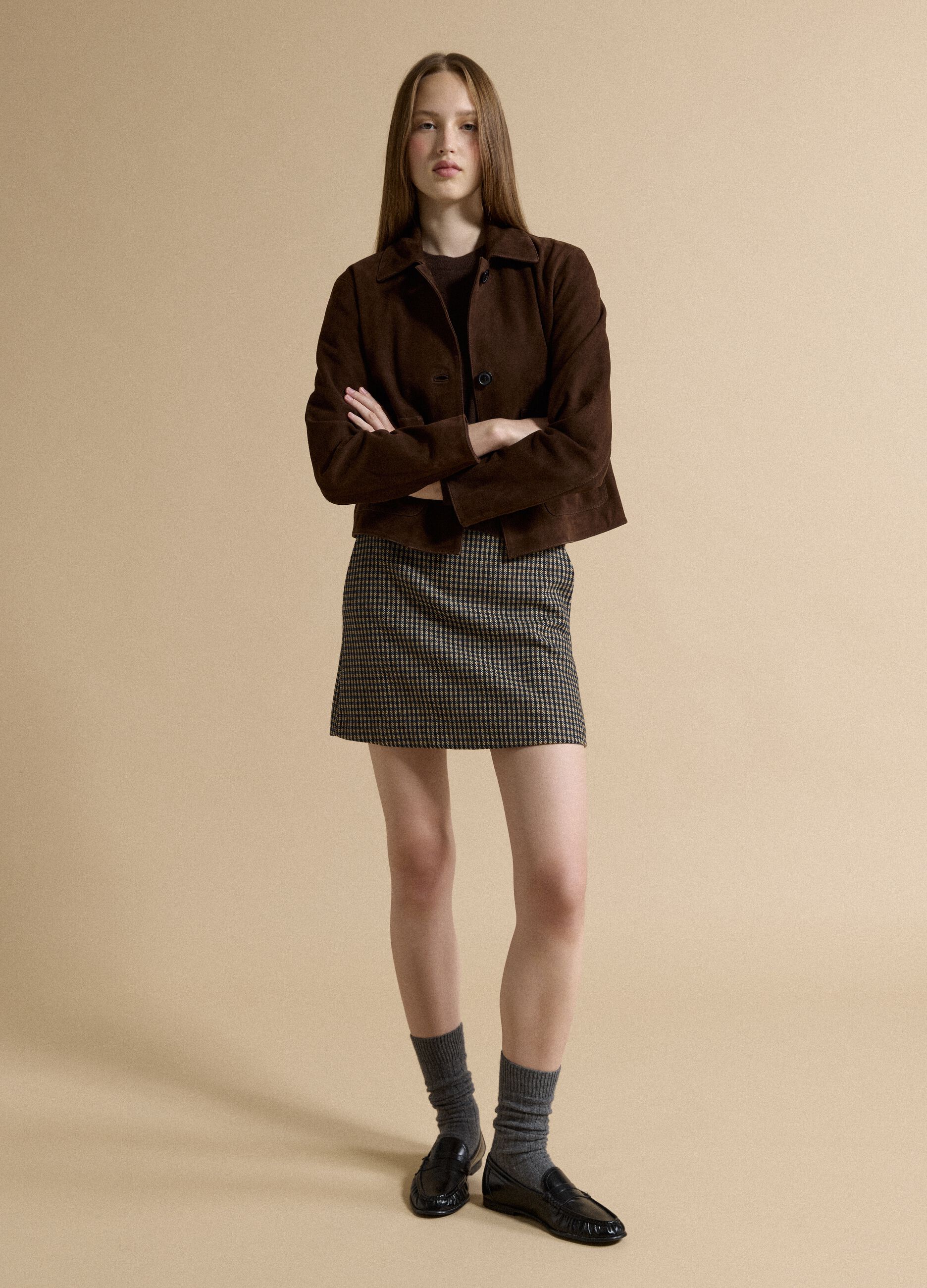 Multicoloured checked wool and viscose-blend skirt