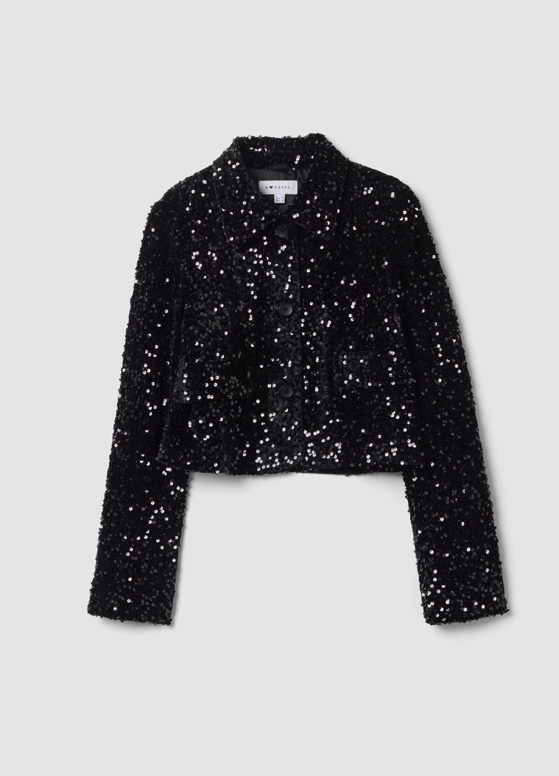 Black chenille regular-fit blazer with sequins