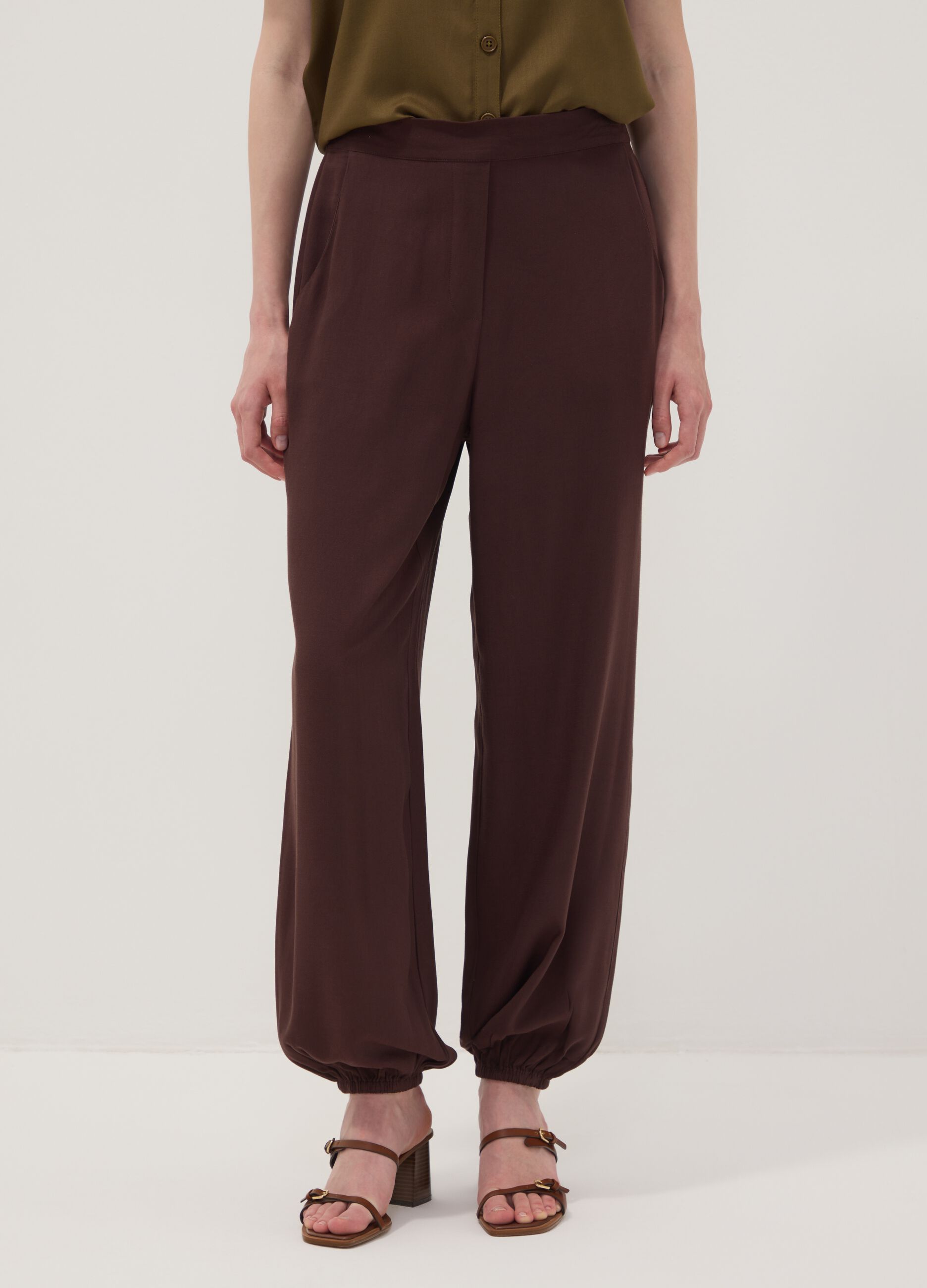 Brown pure viscose trousers with elasticated cuffs, regular fit