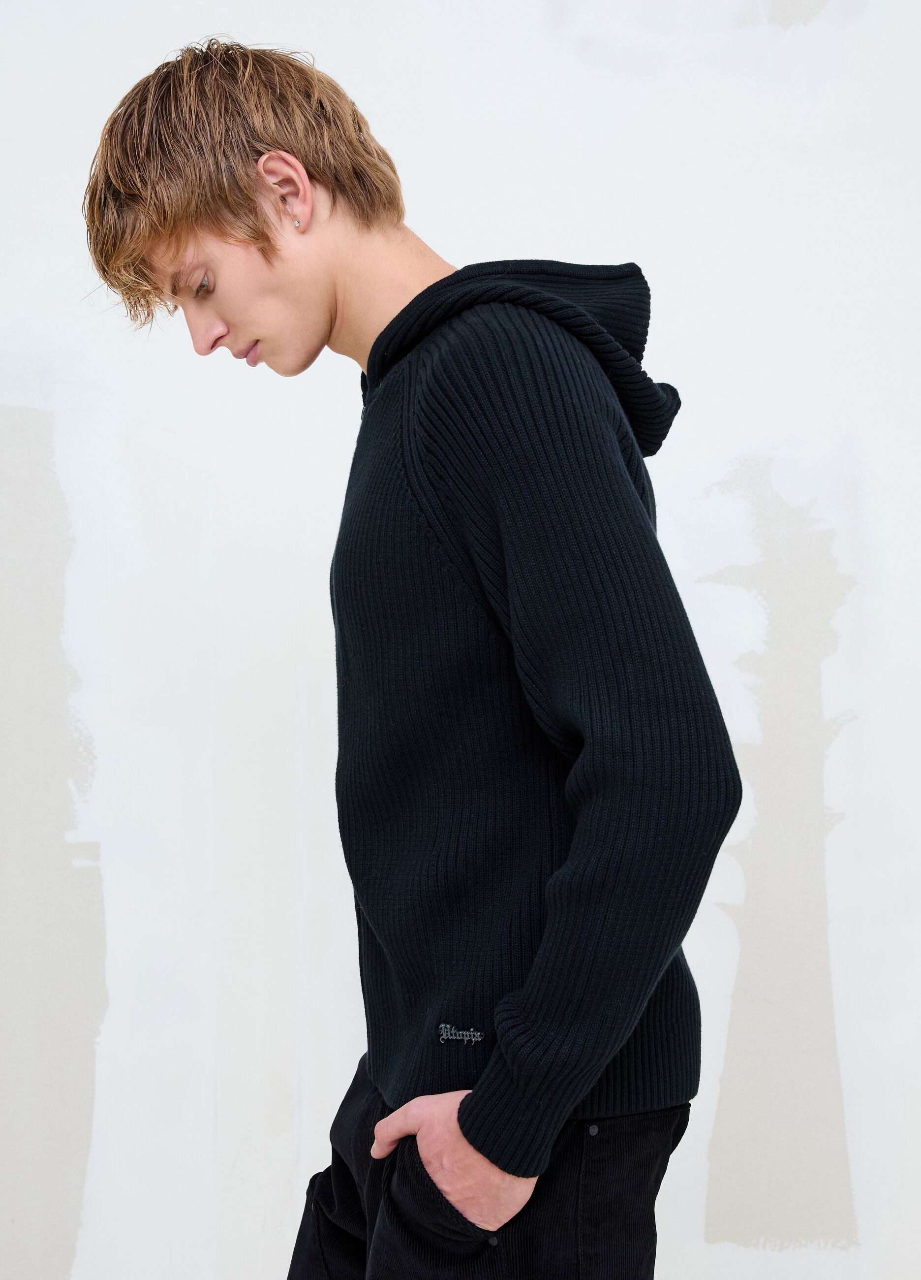 Black Ribbed Knit Hoodie