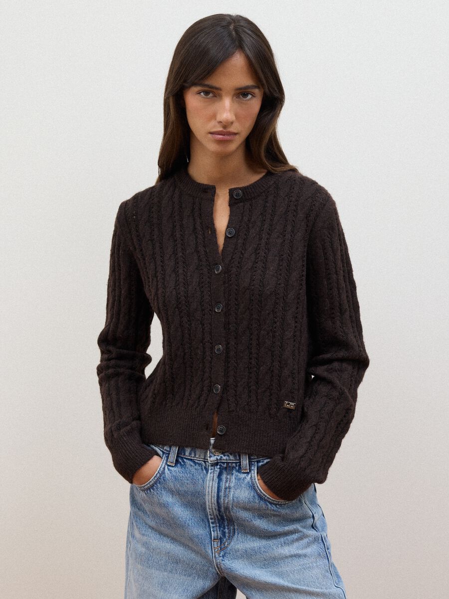 Brown cable-knit wool-blend cardigan_0