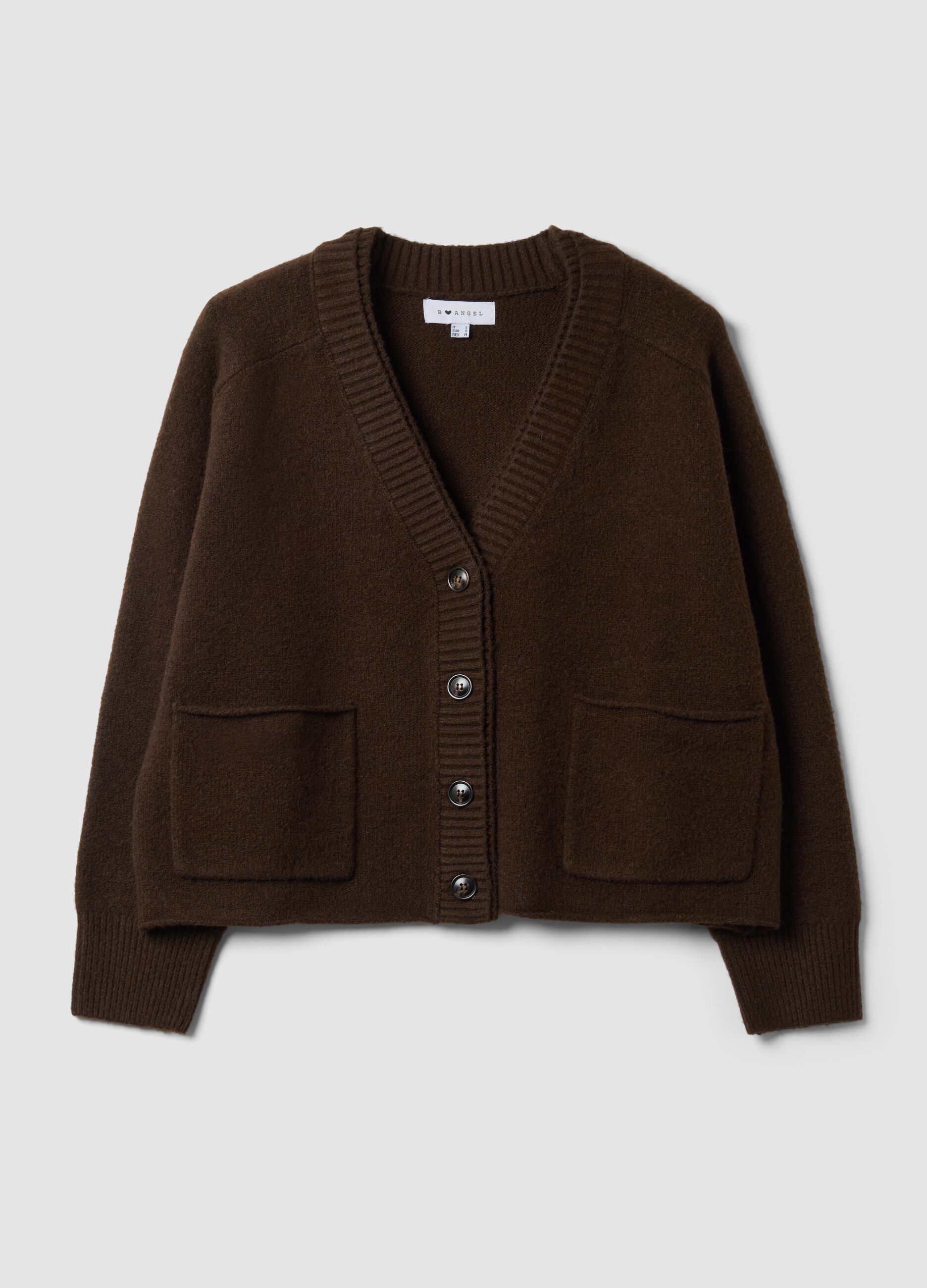 Brown stretch-wool cardigan with deep V-neck