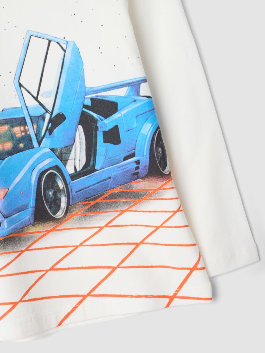 White organic stretch cotton T-shirt with car print_3