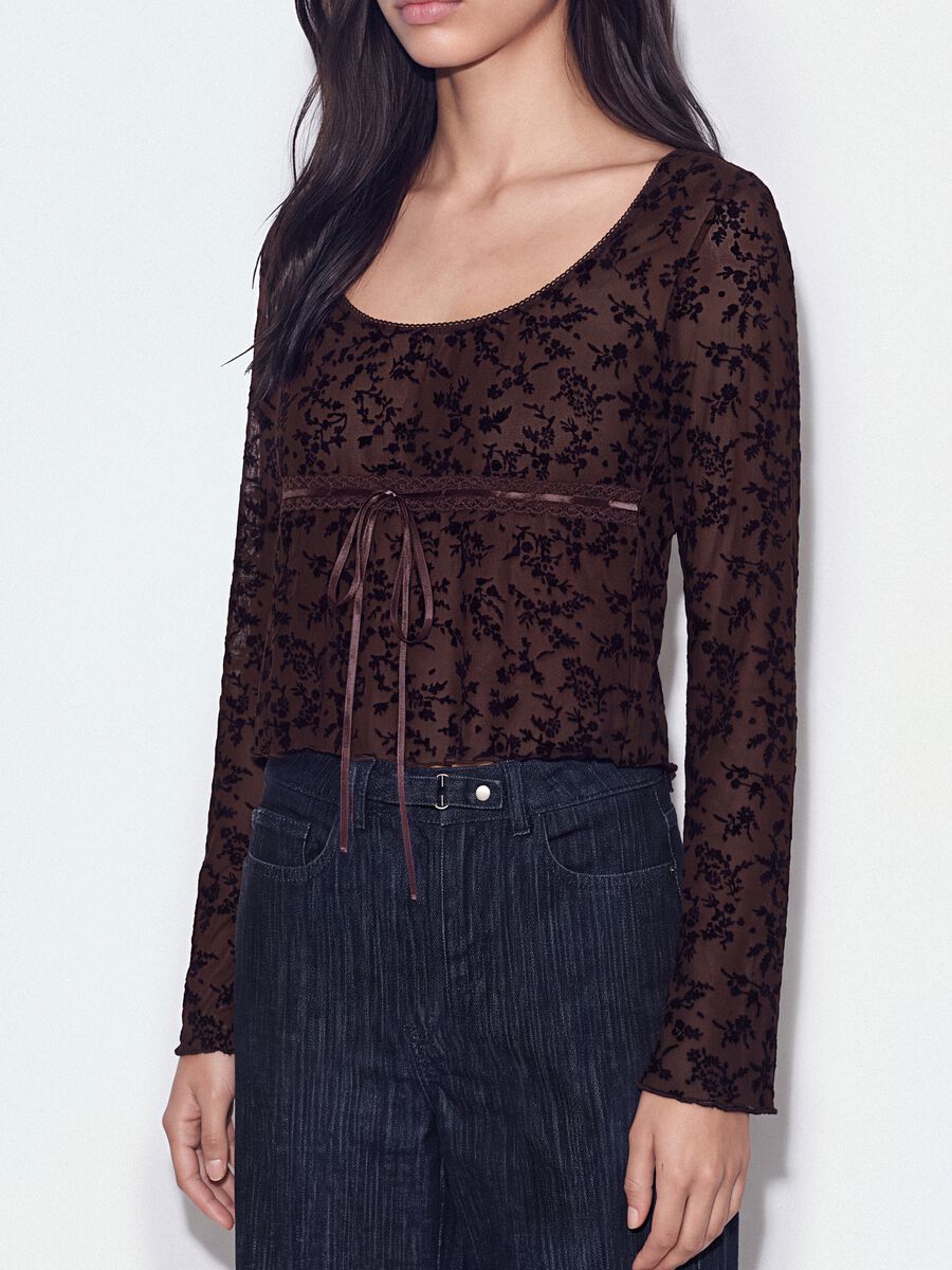 Brown stretch T-shirt with flocked floral print_2