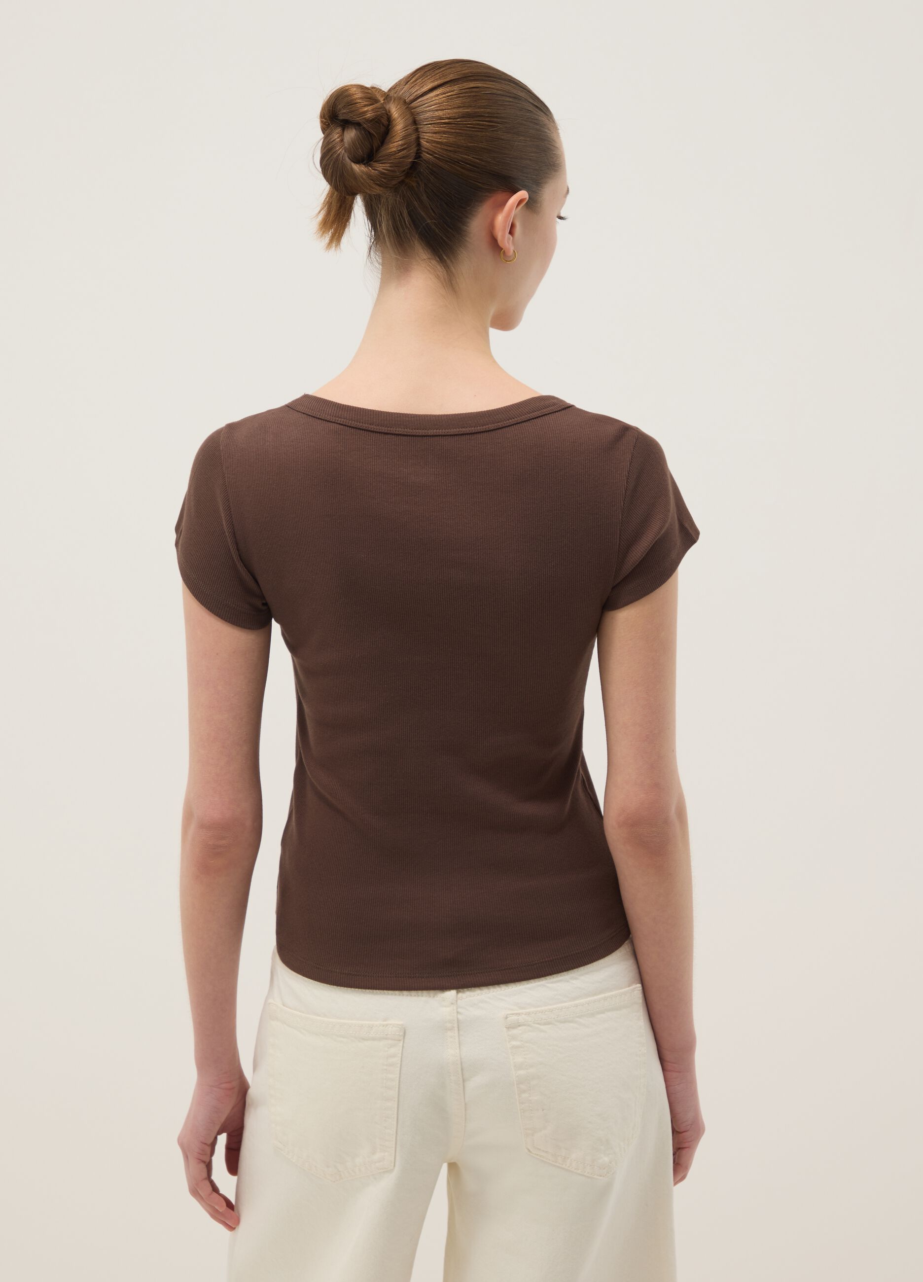 Brown fitted short sleeve cotton stretch T-shirt