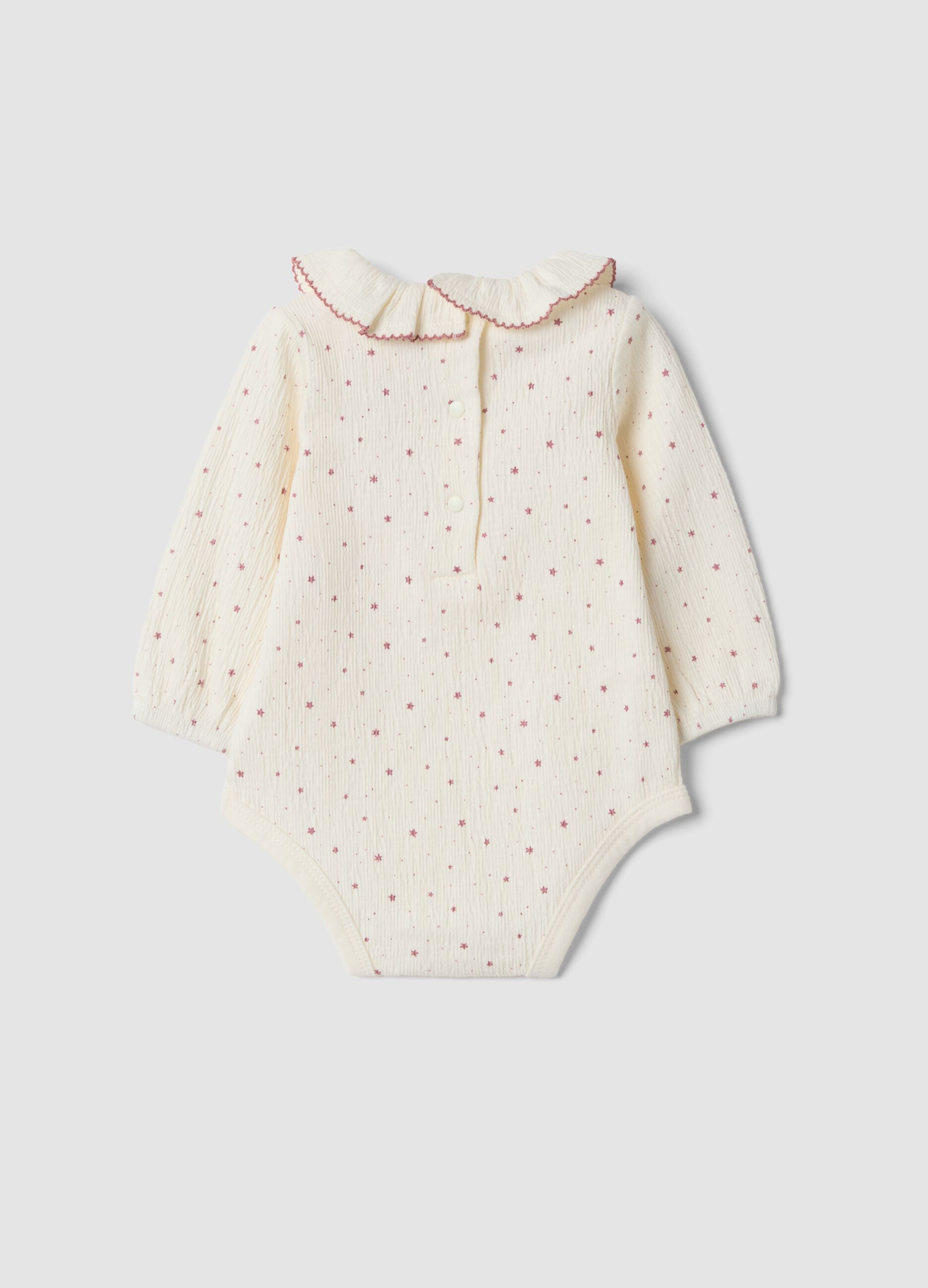 White bodysuit with ruffled collar in stretch organic cotton