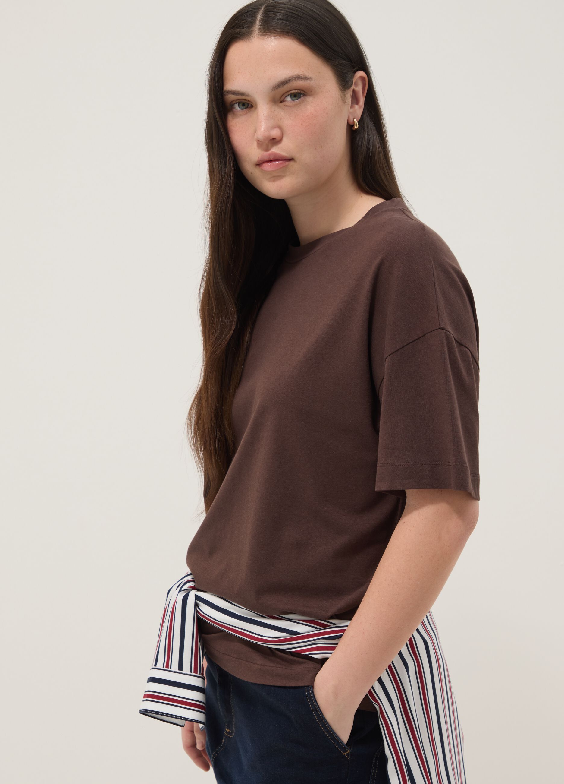 Brown stretch cotton and modal T-shirt